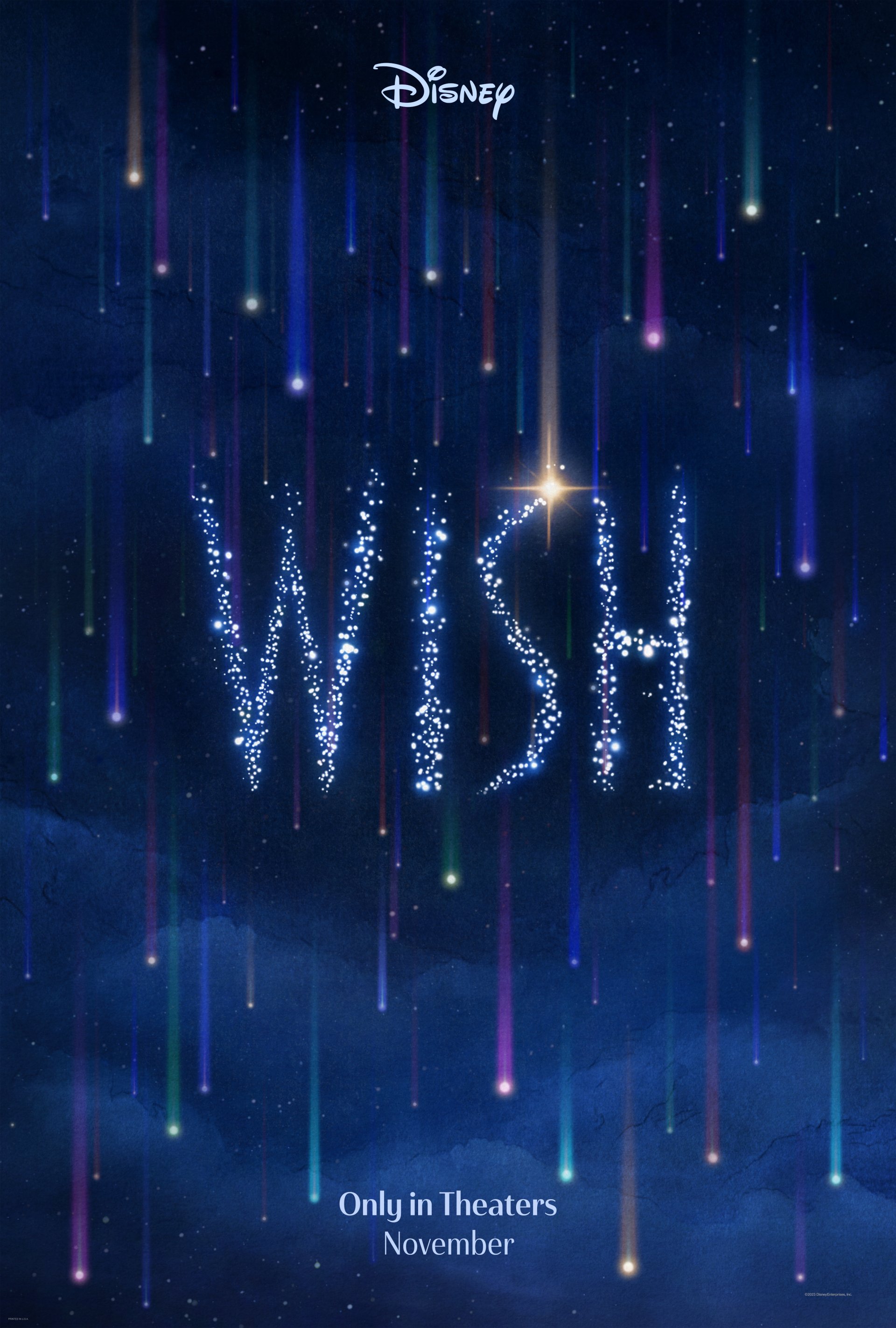 Disney's Wish 2023 movie wallpaper with falling stars and logo against a night sky background.