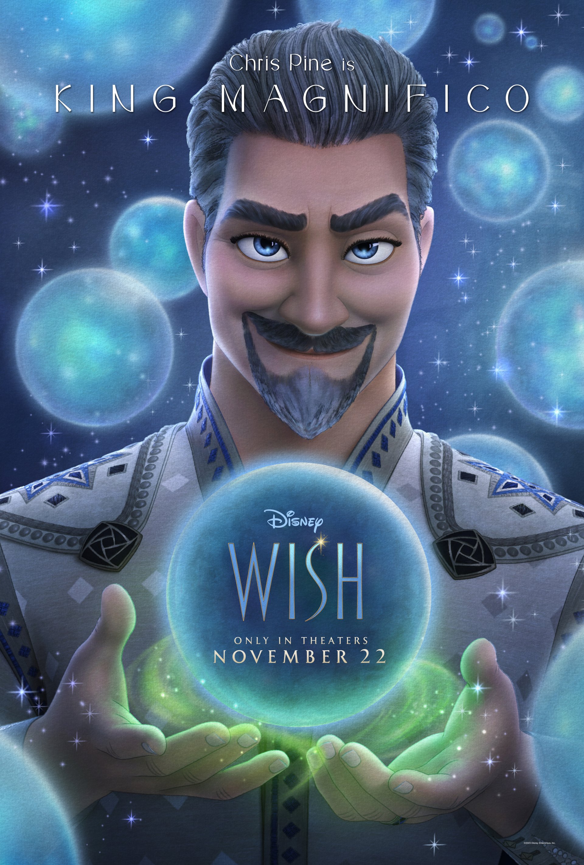 Animated character King Magnifico holding a glowing orb with Disney's Wish logo, phone wallpaper for Wish 2023 movie.