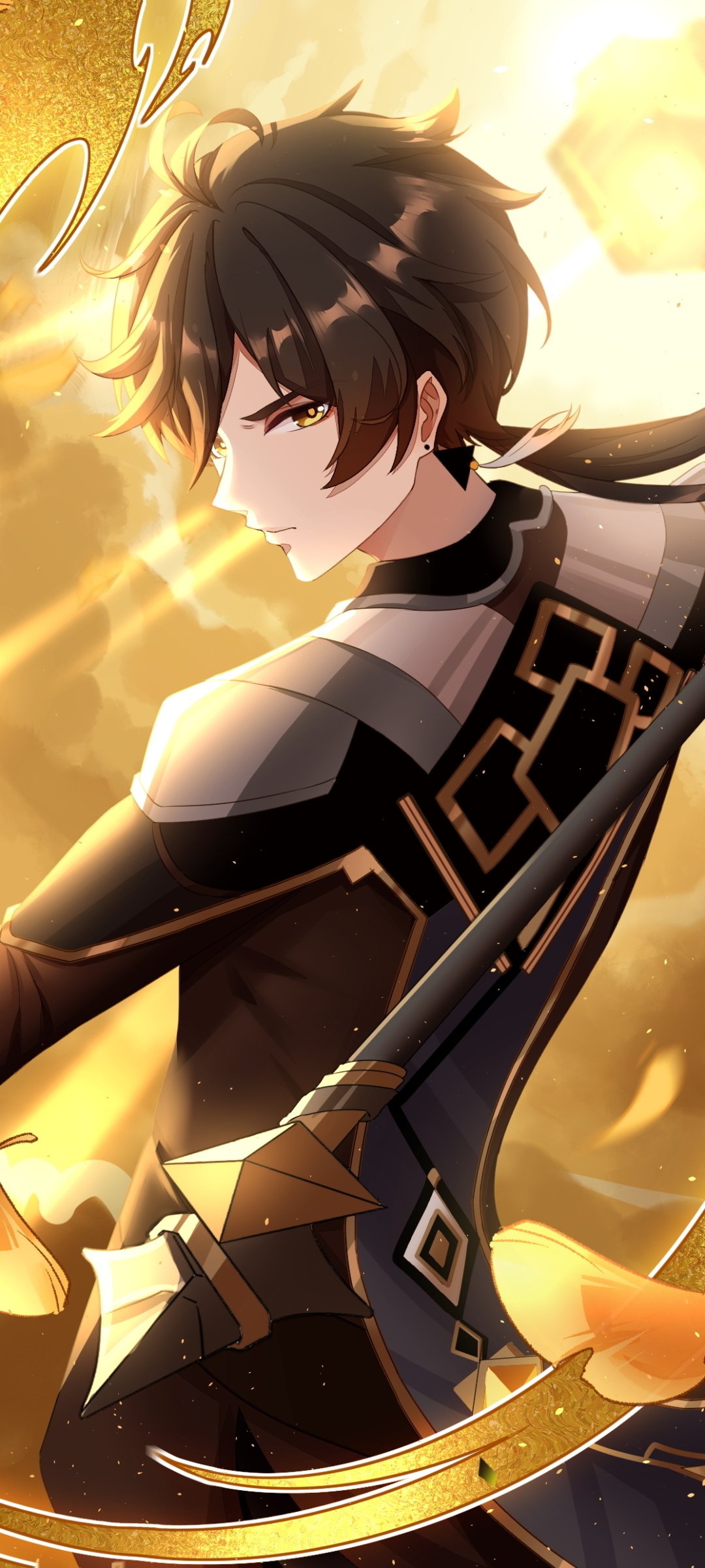Genshin Impact video game phone wallpaper: a character in black-and-gold armor with golden eyes, gazing over his shoulder while holding a polearm amid warm, glowing light.