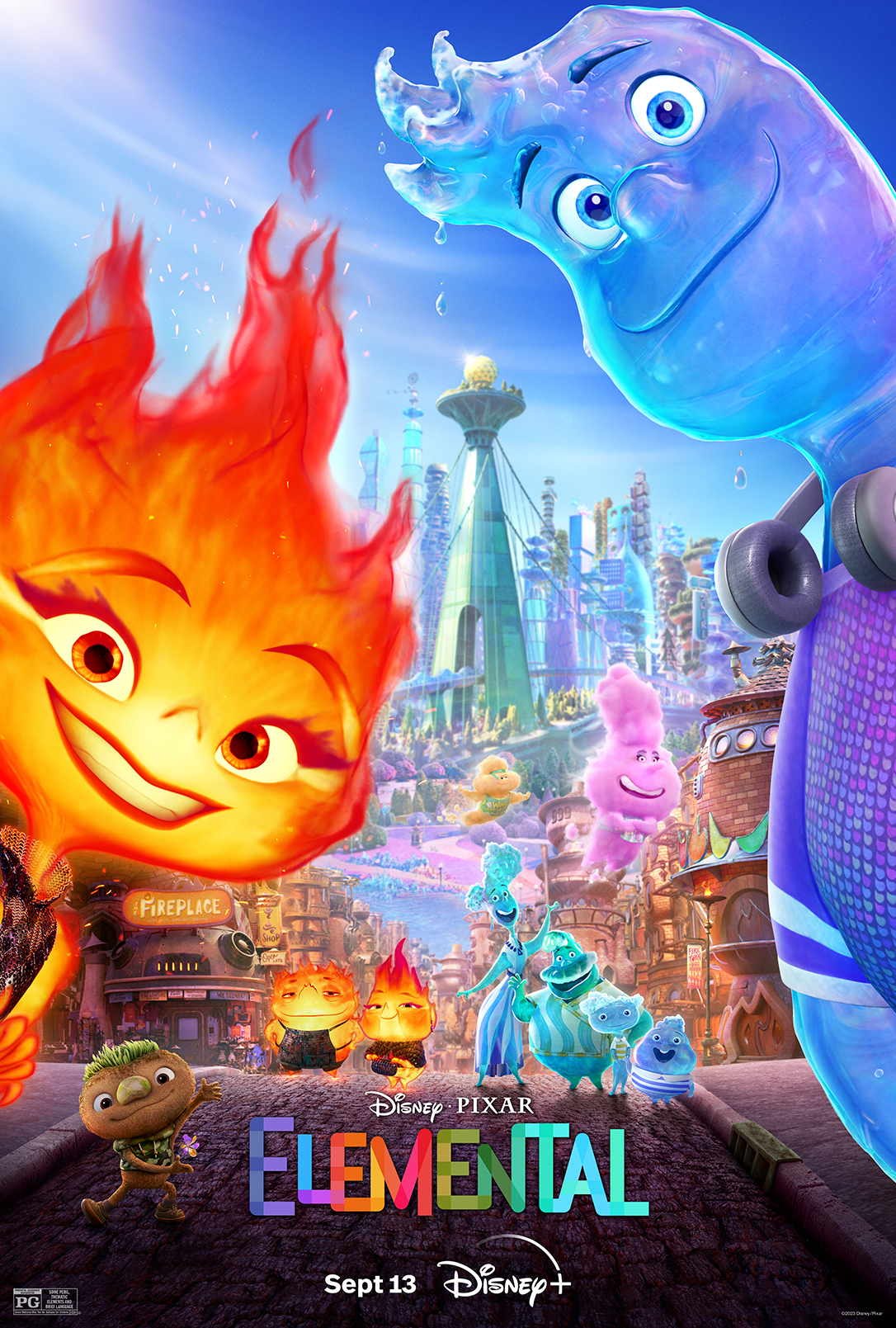 Disney Pixar's 'Elemental' movie characters featured in a colorful phone wallpaper, highlighting fun and whimsical fire, water, land, and air elementals.