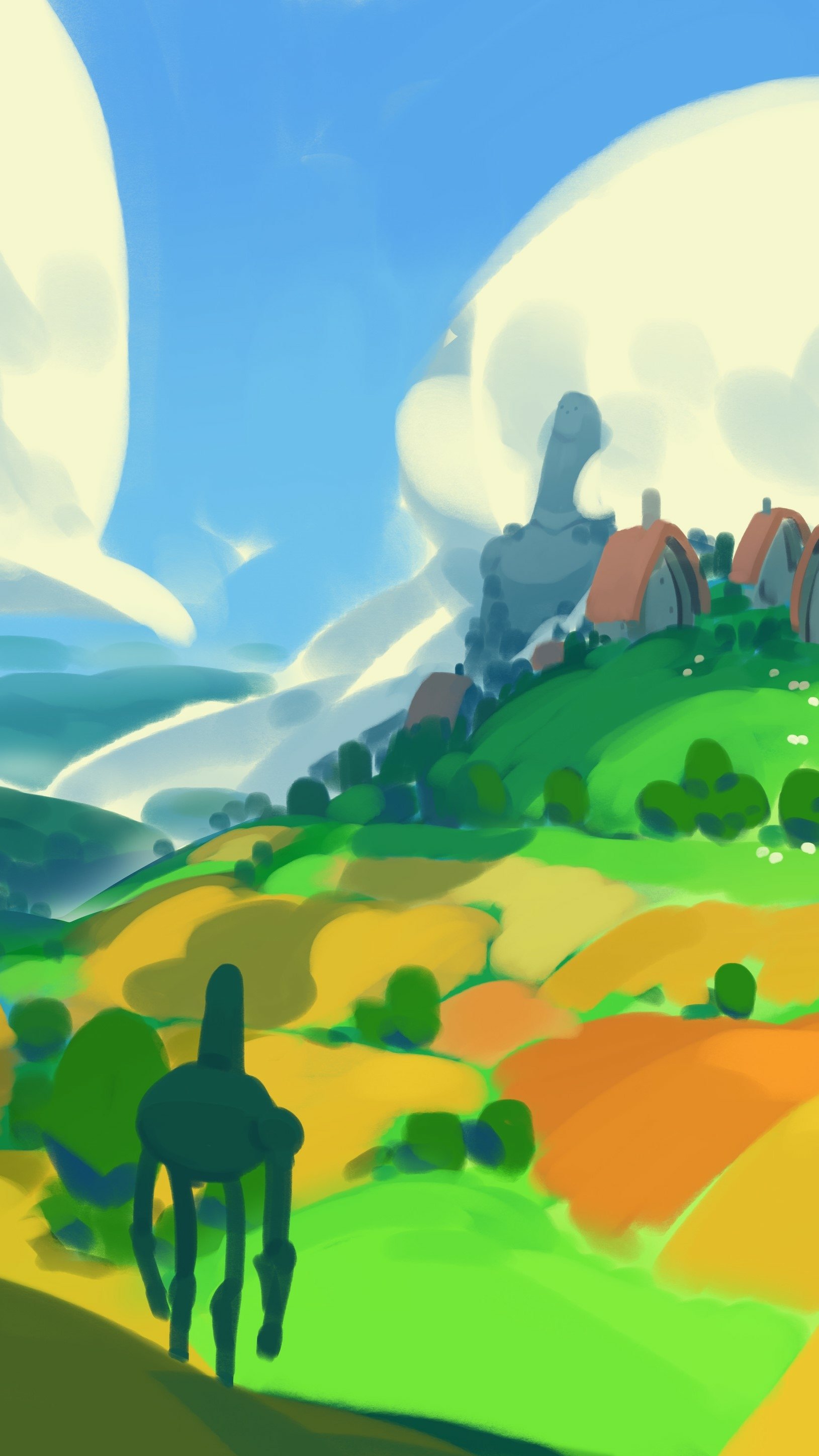 Vibrant landscape phone wallpaper with rolling hills and a clear sky.