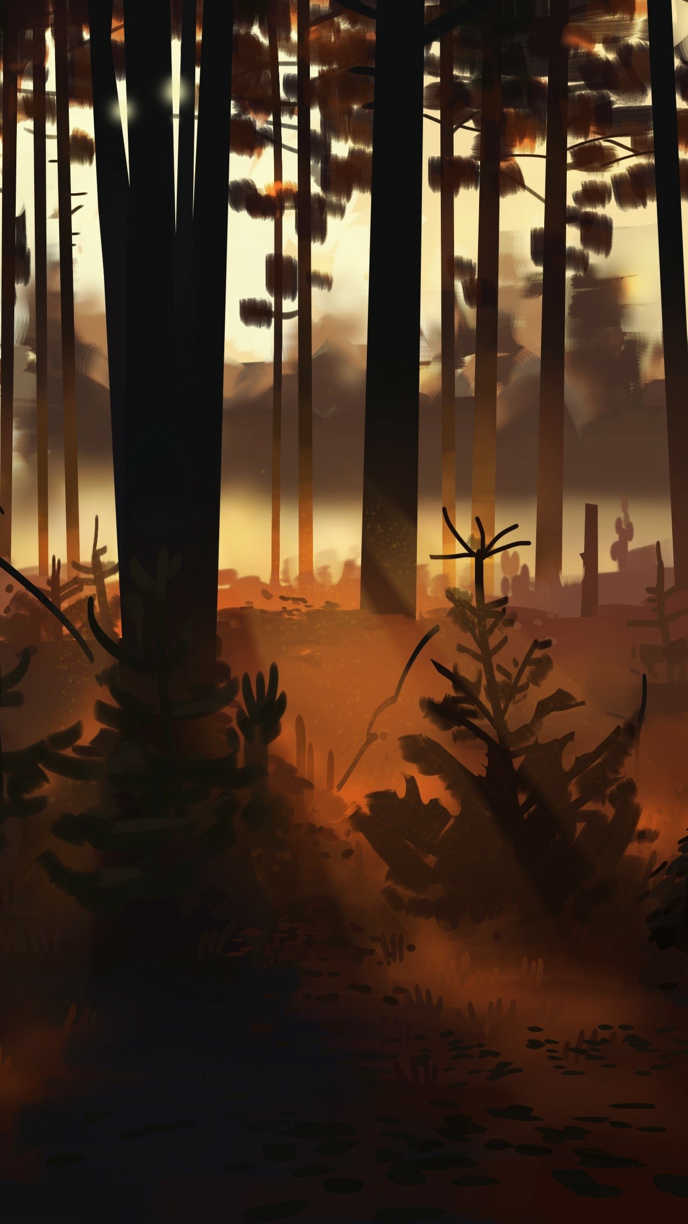 Phone wallpaper of a mystical forest at dusk with warm golden sunlight filtering through the trees