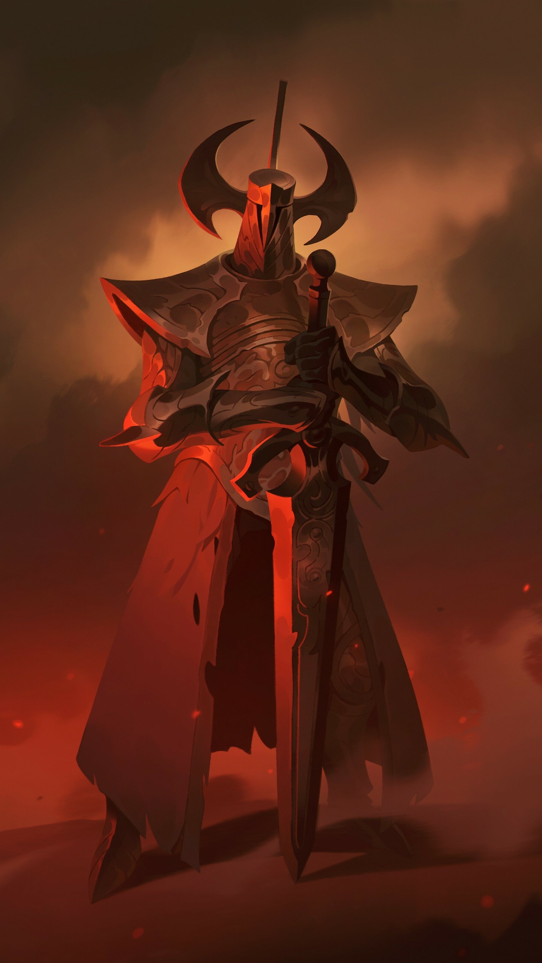 A fierce fantasy warrior stands poised in a dark, smoky landscape, clad in ornate armor and holding a sword, creating a striking phone wallpaper for fantasy enthusiasts.