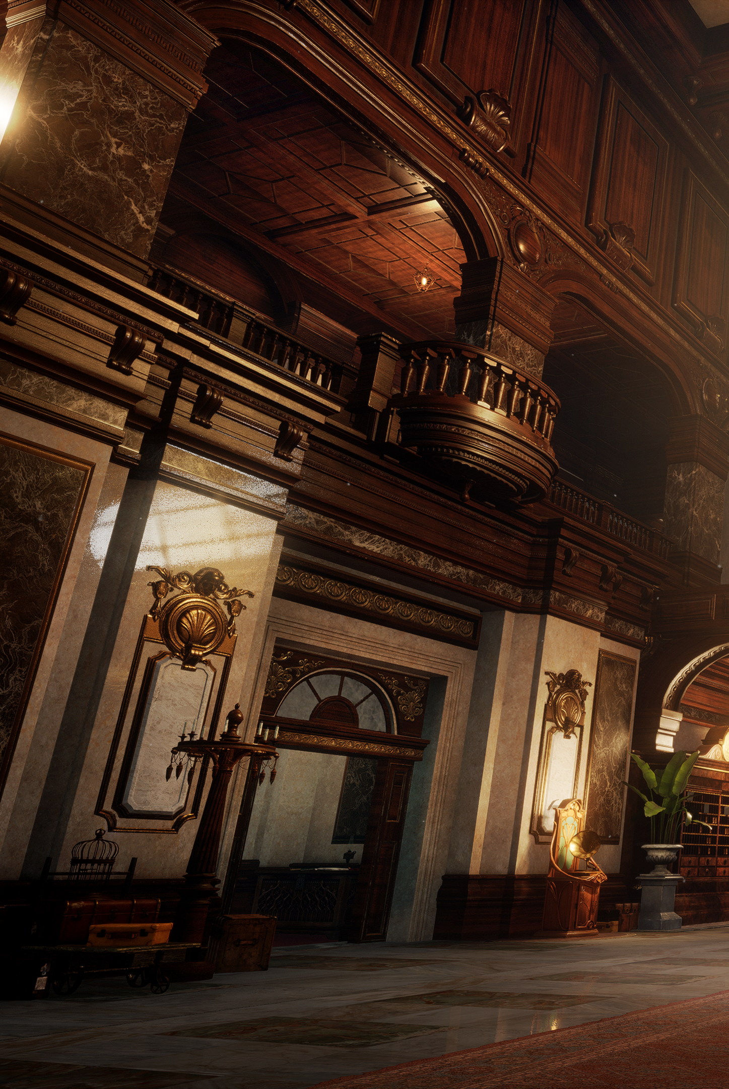 Phone wallpaper showing an atmospheric interior from the video game Lies Of P — ornate wood-paneled hall with marble columns, a balcony, warm cinematic lighting and vintage furnishings.