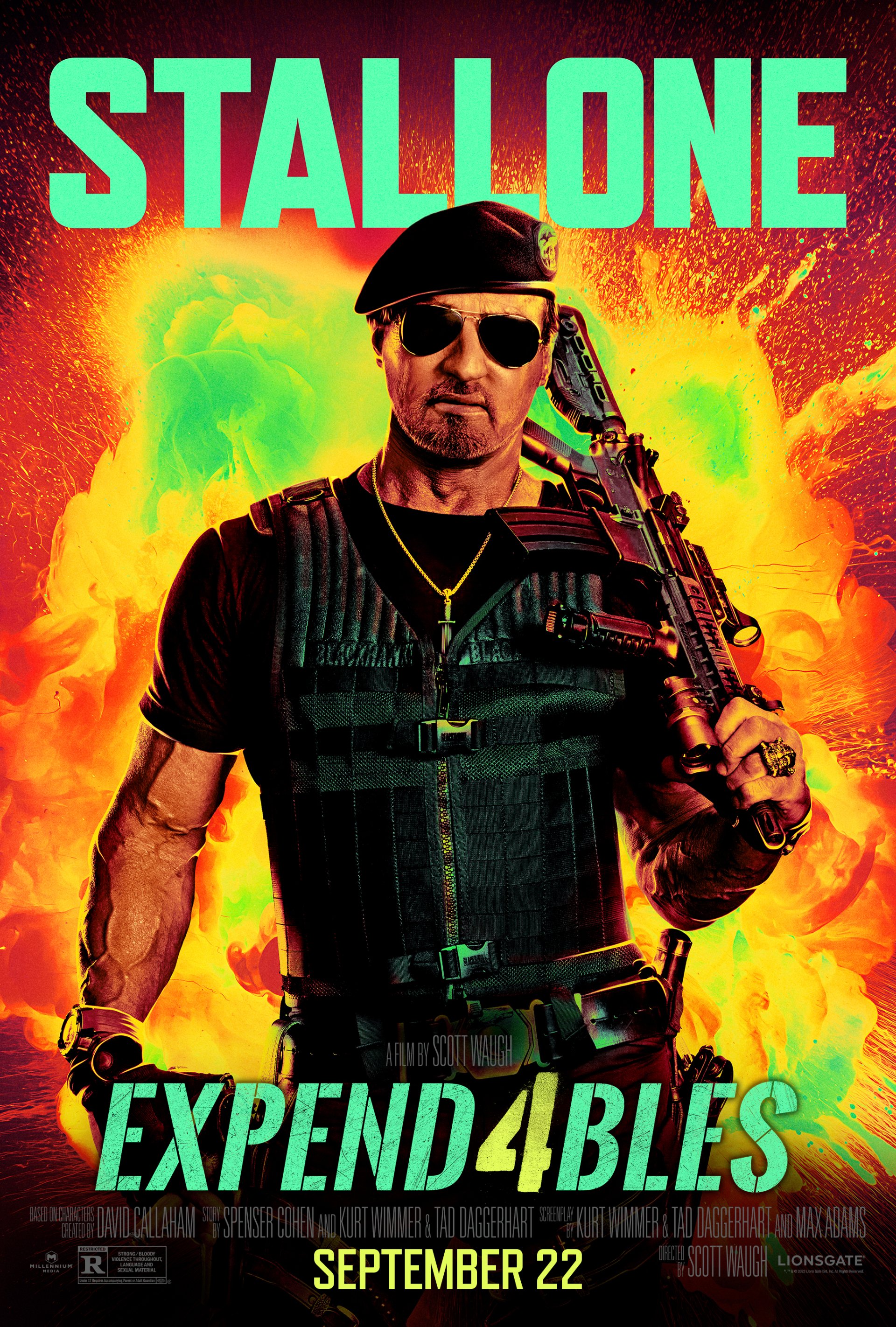 A vibrant phone wallpaper featuring Sylvester Stallone from the movie Expend4bles, showcasing an intense pose with explosive colors and dynamic action elements.