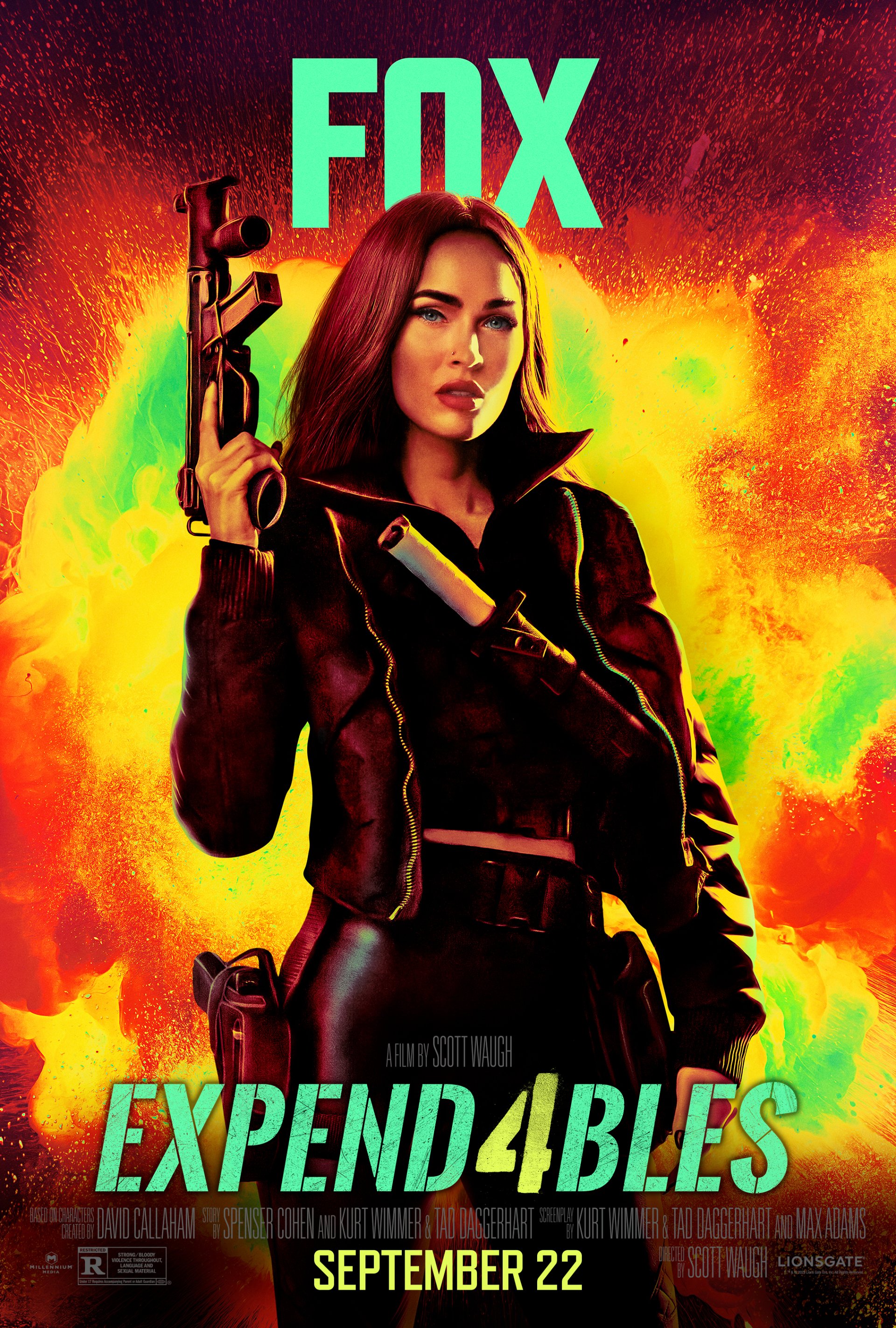 Phone wallpaper featuring a prominent character with a gun in a dynamic pose, set against a fiery explosion backdrop, promoting Expend4bles with a release date of September 22.