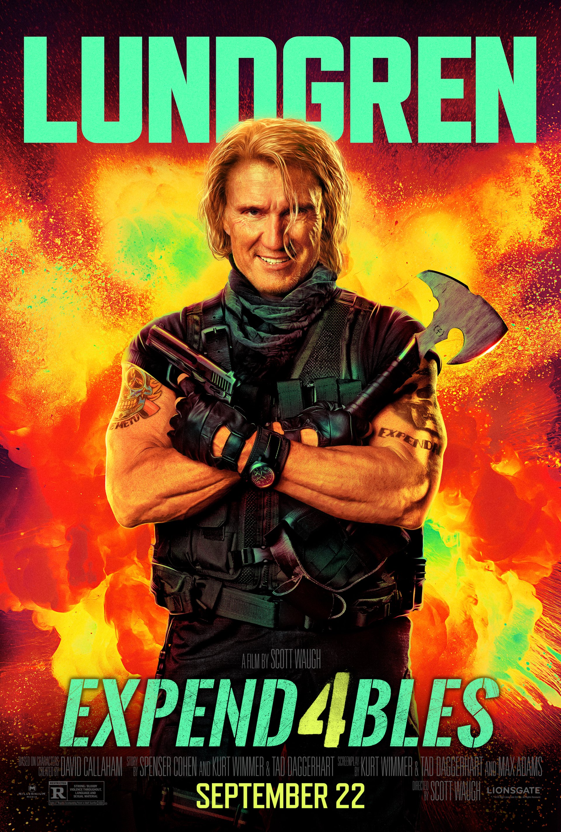 Phone wallpaper featuring Dolph Lundgren in action gear with 'Expend4bles' title and a fiery backdrop, release date September 22.