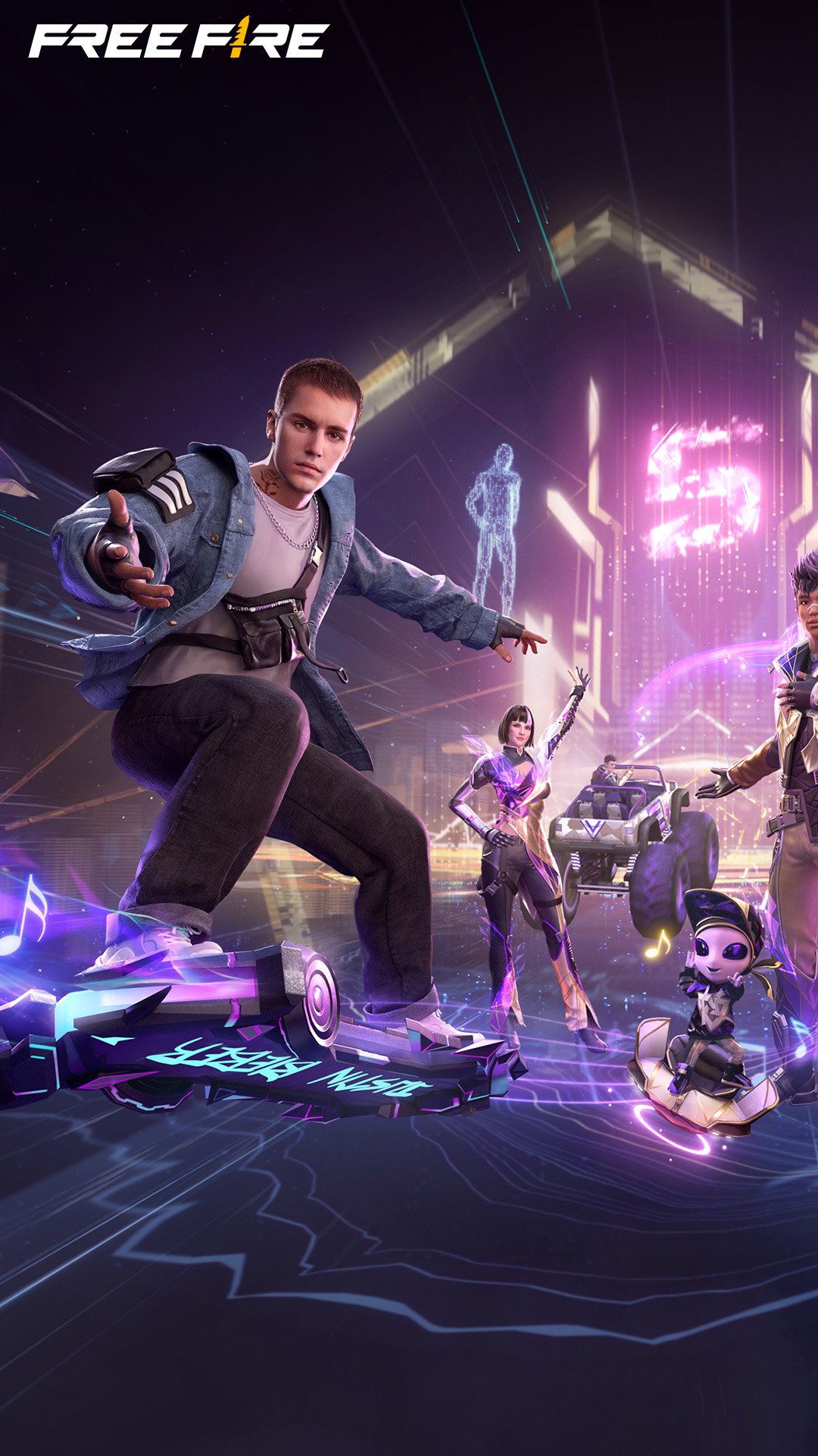 Garena Free Fire game-themed phone wallpaper featuring a character resembling a pop culture icon with teammates in a neon-lit virtual battlefield setting.