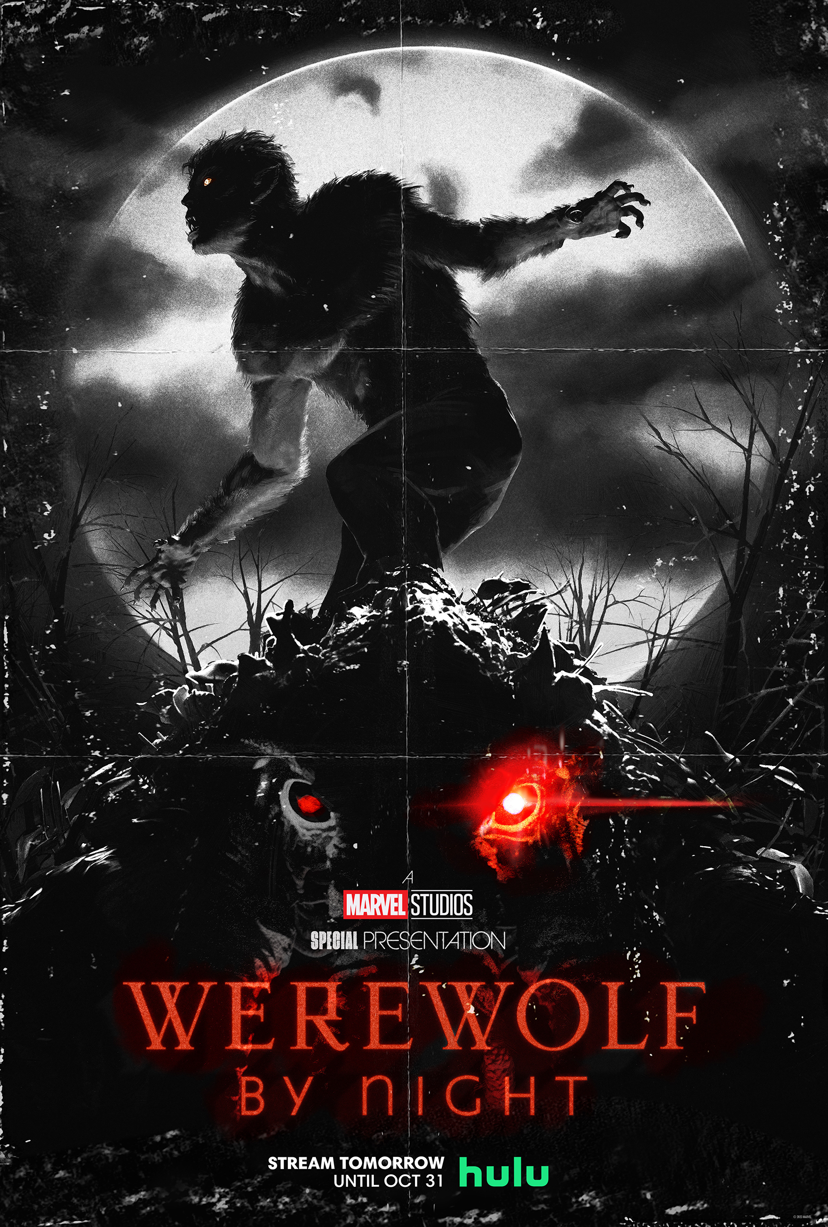 Phone wallpaper featuring a dark, eerie silhouette of a werewolf against a full moon with the title 'Werewolf By Night' for streaming on Hulu.