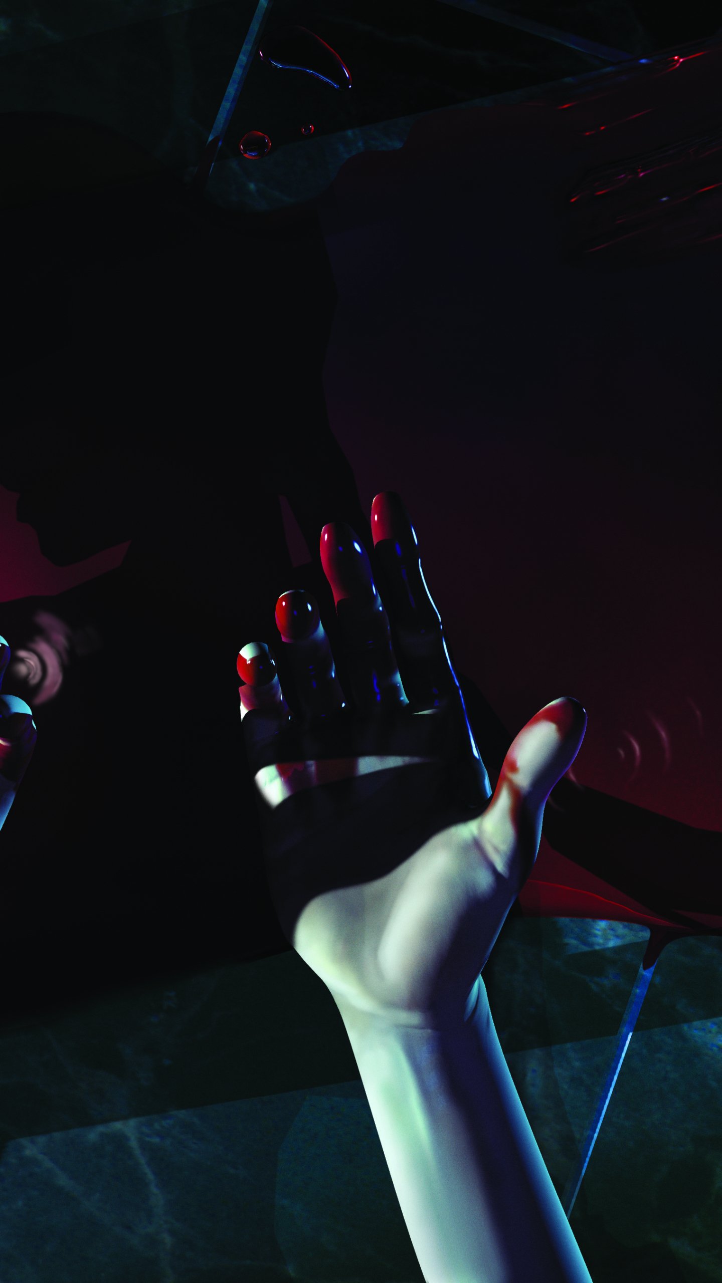 Phone wallpaper from the video game Tomb Raider: The Angel of Darkness — pale hand with red nails reaches up from shadow against a dark, neon-tinted background.