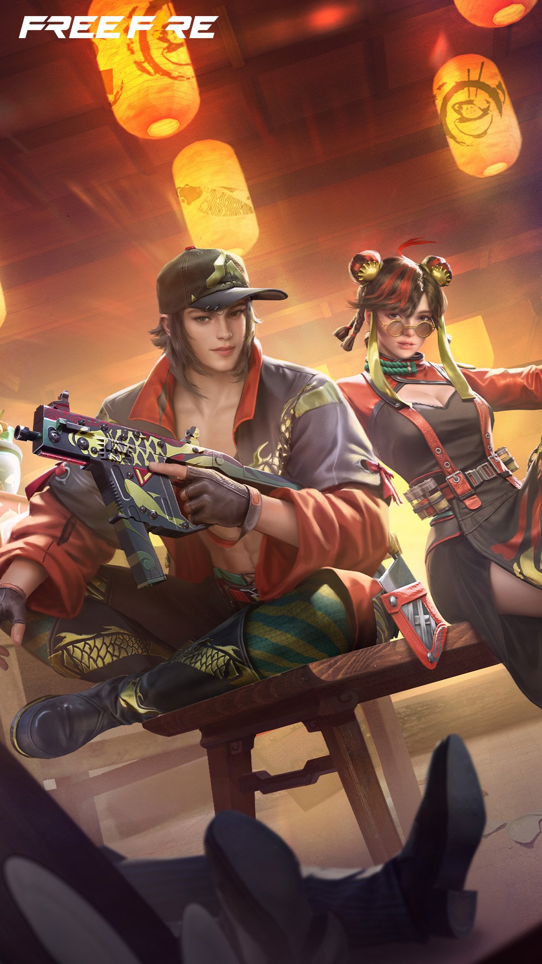 A captivating phone wallpaper from Garena Free Fire featuring two characters in a vibrant setting, poised for action amidst glowing lanterns and a dynamic backdrop.