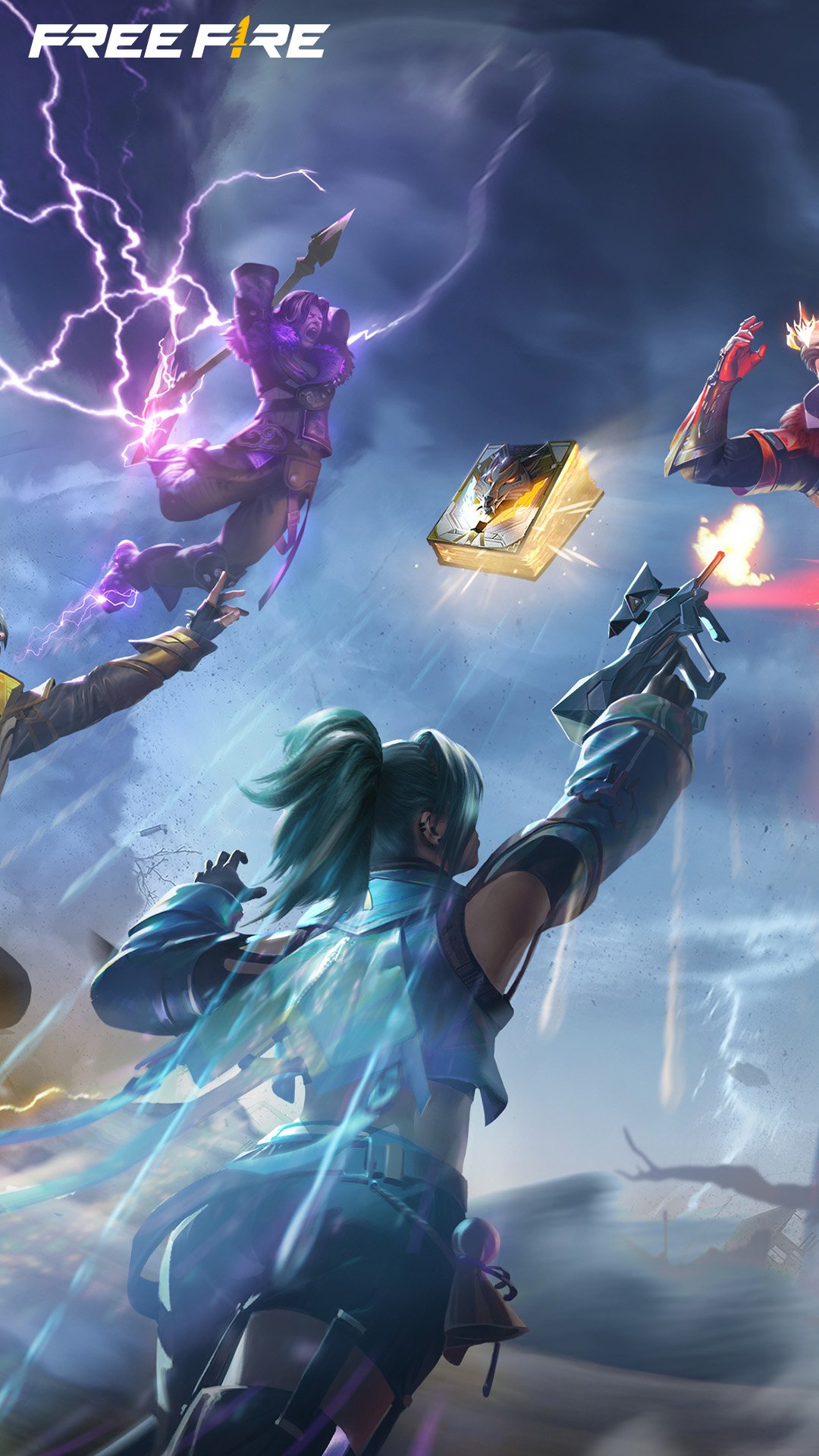 Garena Free Fire mobile game wallpaper featuring dynamic characters in combat with electric blue and purple hues for an action-packed phone background.