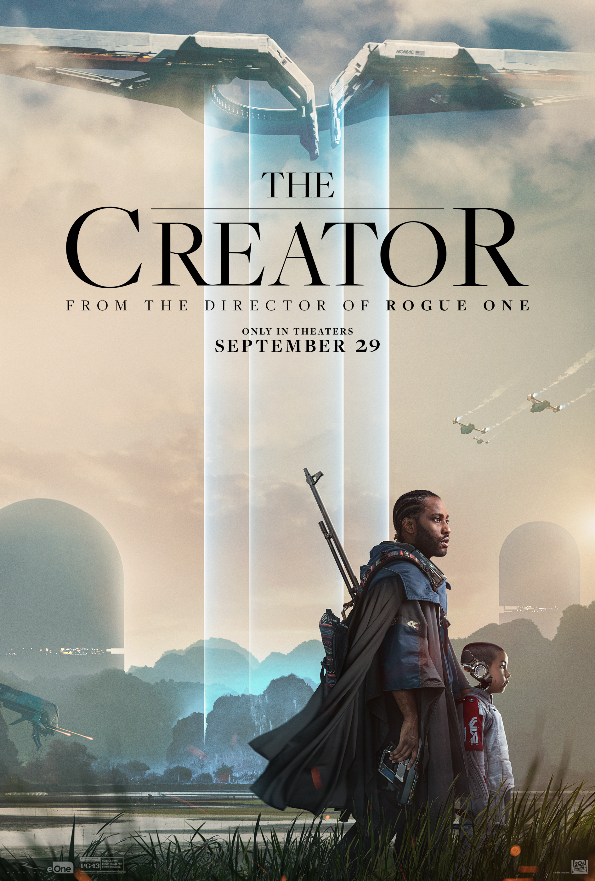 Phone wallpaper of 'The Creator' 2023 movie with futuristic landscape and characters.