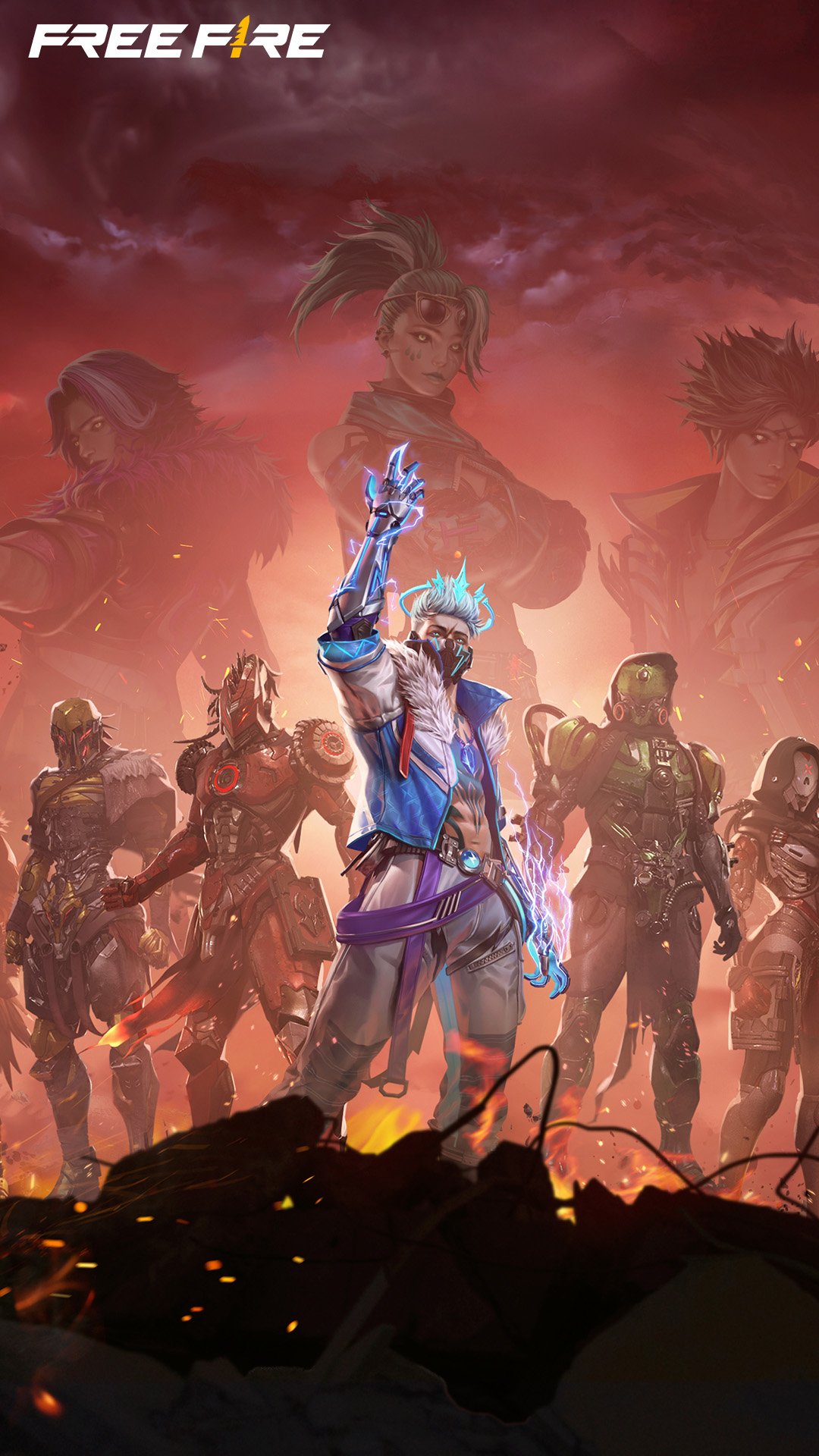A dynamic wallpaper from the video game Garena Free Fire, featuring a group of characters in striking poses against a dramatic red and smoky background.