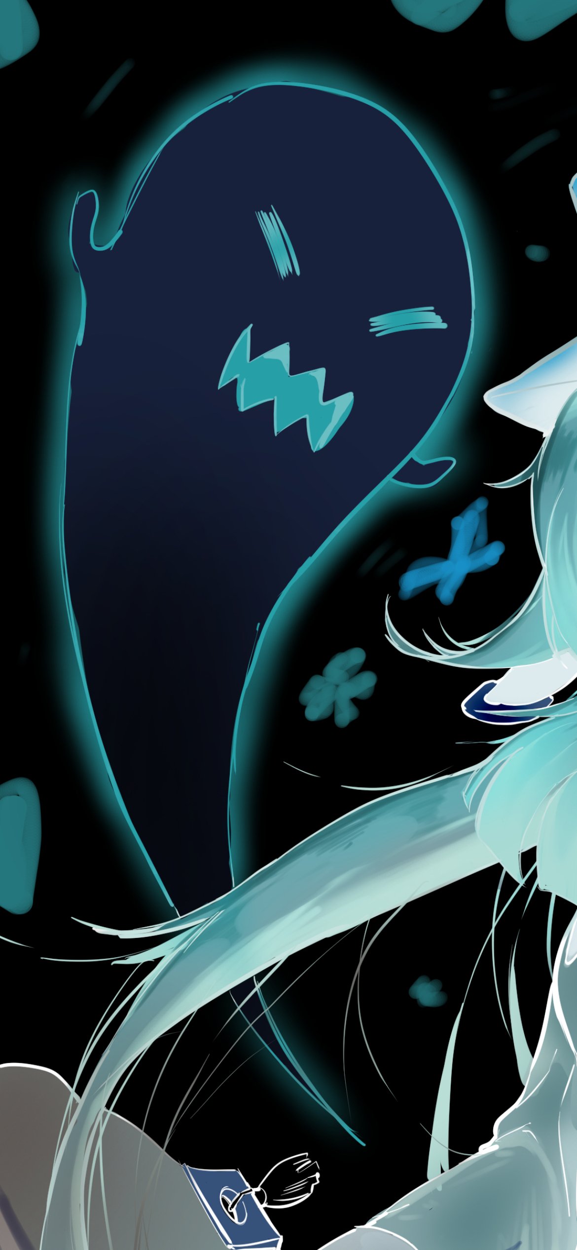 Phone wallpaper from video game Genshin Impact: neon-teal ghostly wisp beside a cropped pale blue-haired character on a dark background.