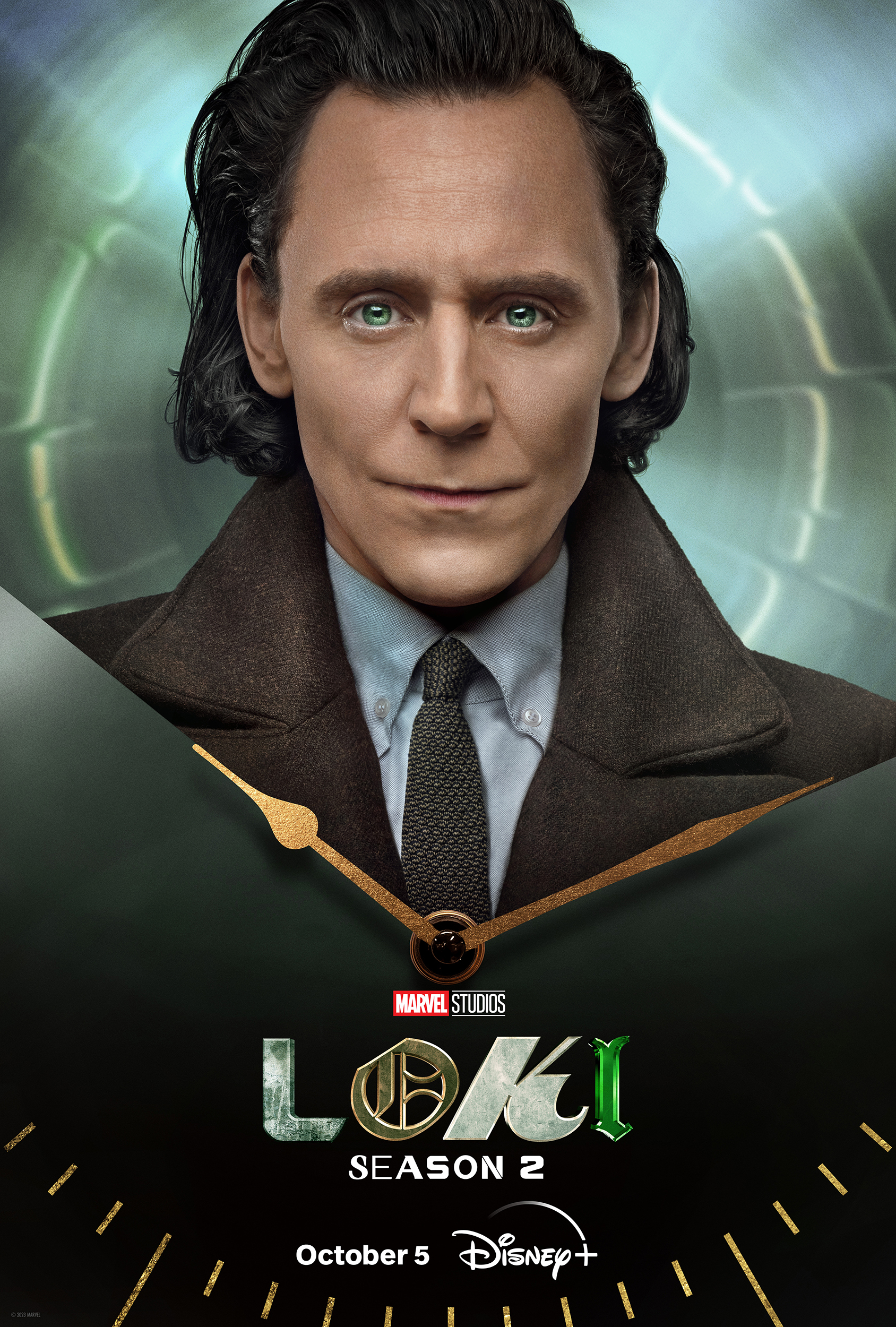 Loki Season 2 promotional phone wallpaper featuring a stylized portrayal of the main character with the show's logo and Disney+ release date information.