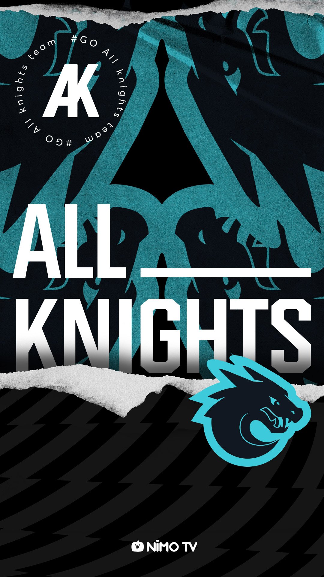 Phone wallpaper featuring the All Knights esports team logo, mascot, and bold text, designed for video game fans on iPhones and Android devices.