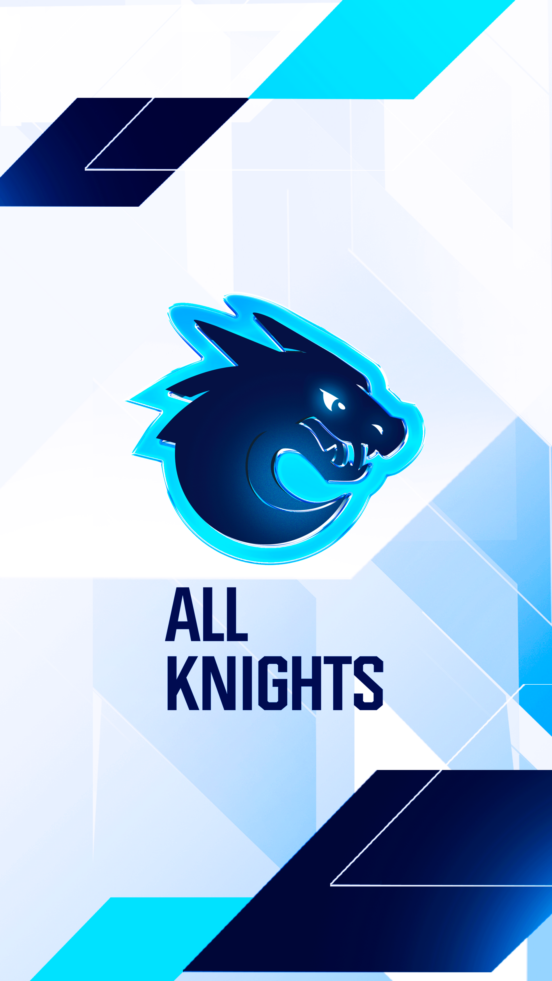 Phone wallpaper featuring the All Knights eSports logo with a stylized blue dragon head and geometric blue accents, representing competitive video gaming on iPhone and Android.