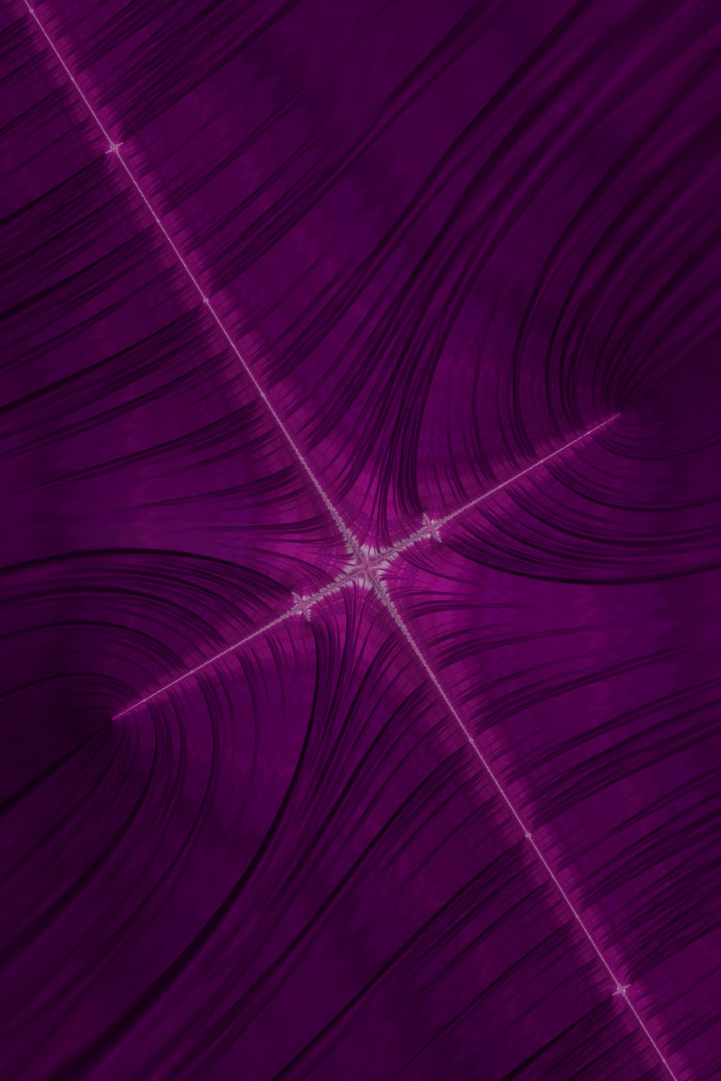 Trippy psychedelic Frax phone wallpaper: deep purple digital fractal with a glowing diagonal cross, intricate central bloom and flowing hippie-style abstract wave textures.