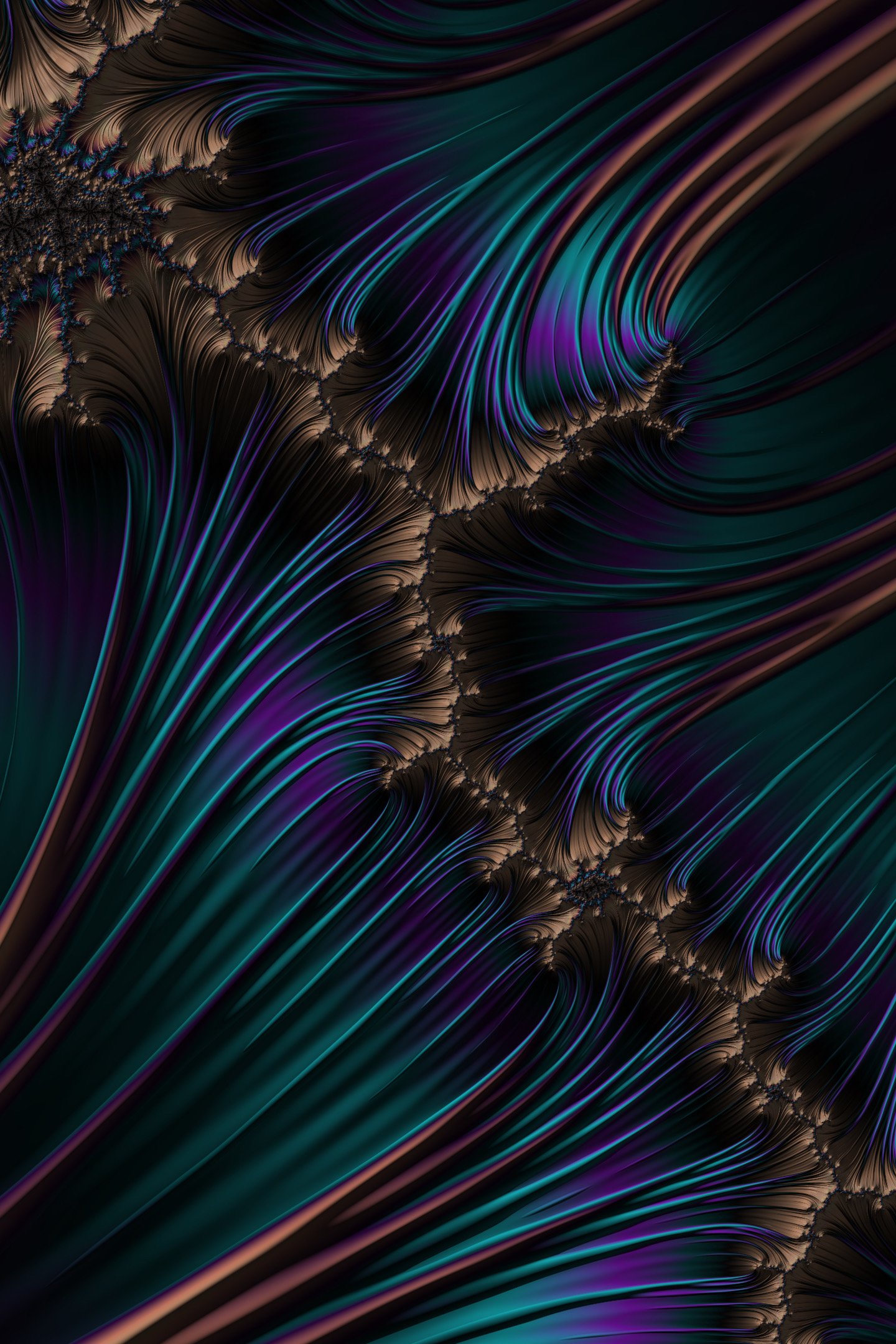 Abstract digital fractal with trippy, psychedelic swirls in vibrant teal, purple, and bronze hues, creating a hypnotic hippie-inspired phone wallpaper for iPhones and Android devices.