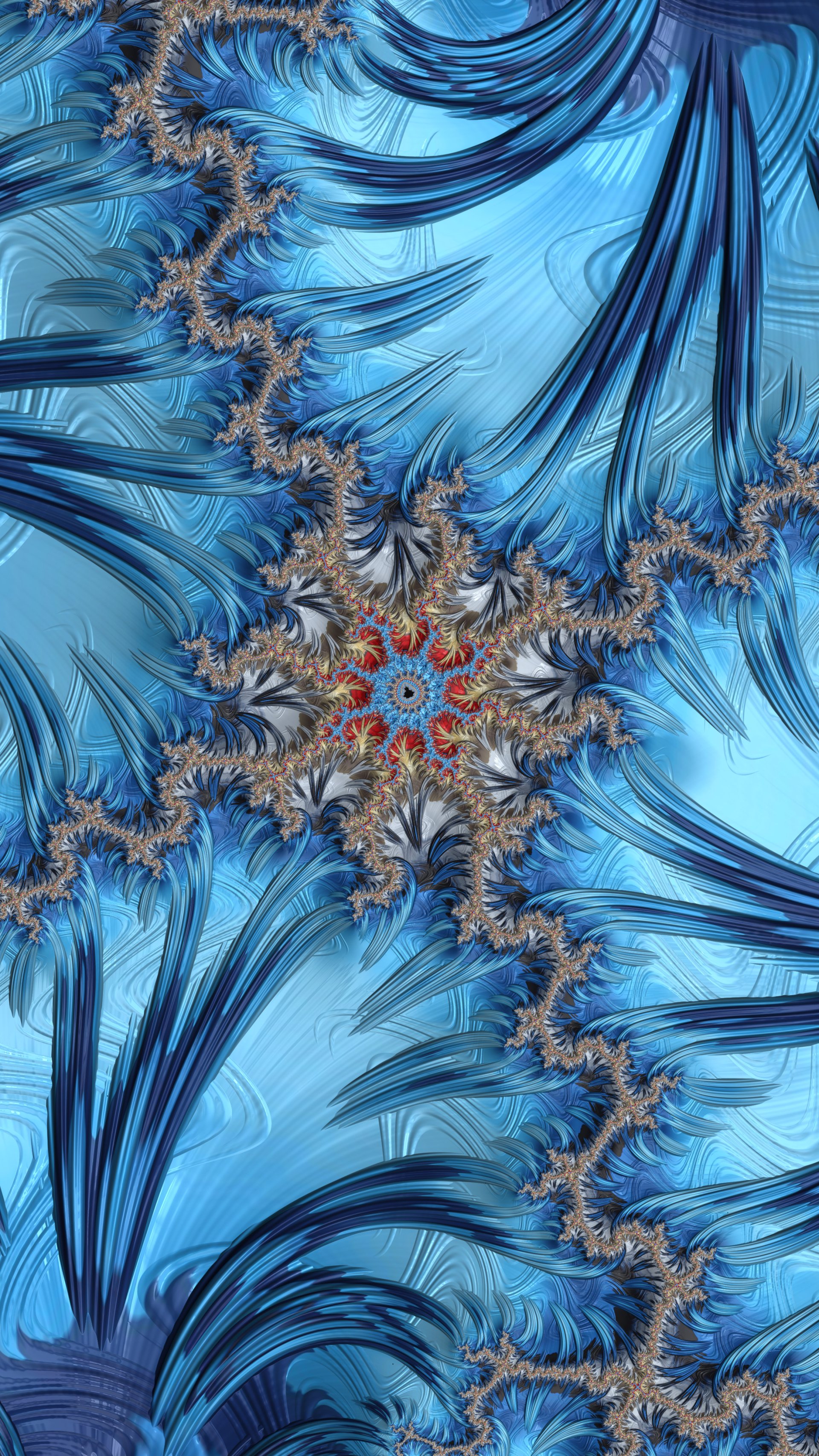 Abstract trippy fractal with swirling blue and red psychedelic patterns, designed as a vibrant hippie-style wallpaper for iPhone and Android phones.