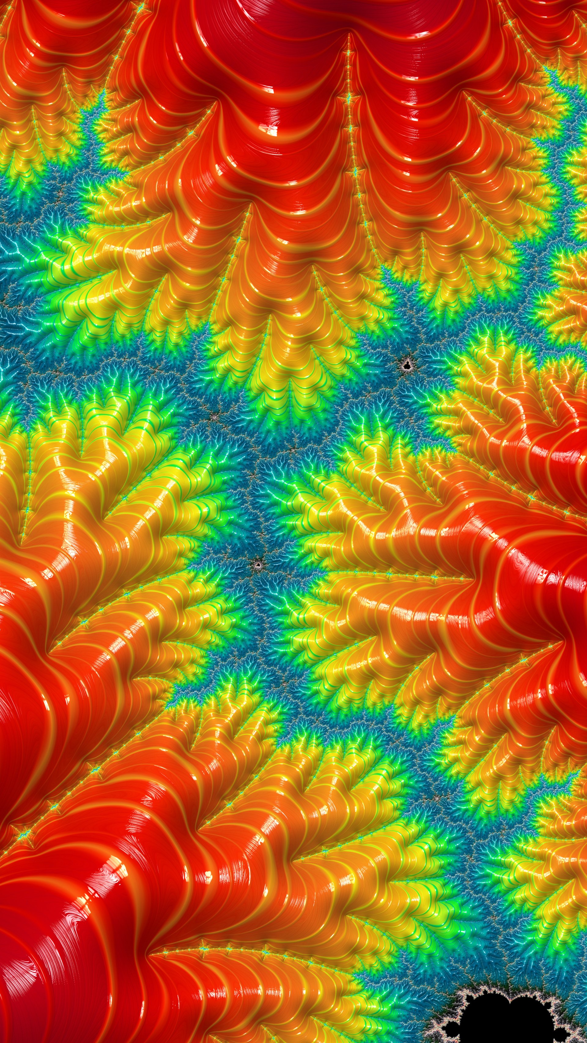 Vibrant psychedelic fractal wallpaper with swirling red, yellow, and green patterns creating a trippy, abstract hippie design for iPhone and Android screens.