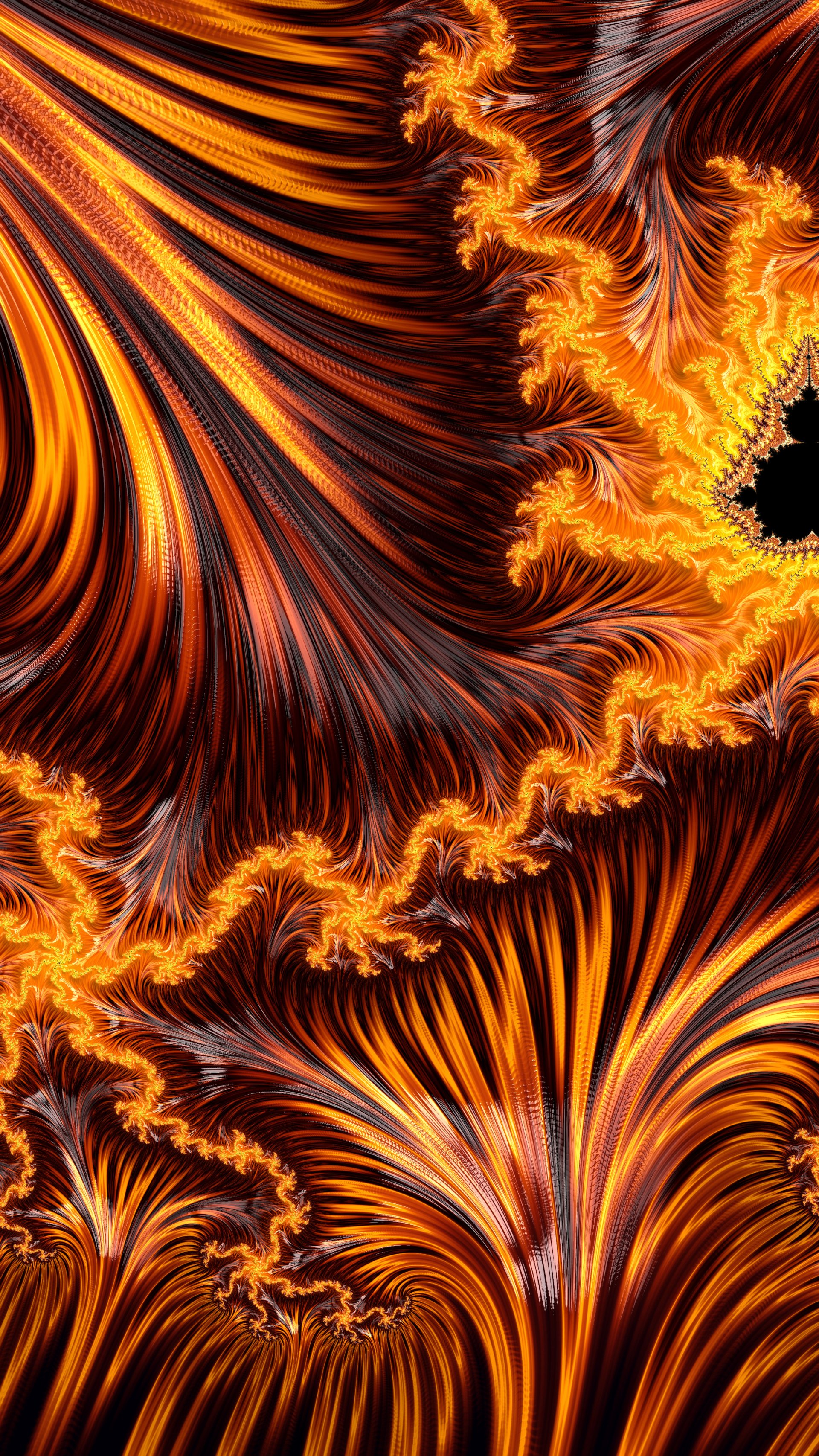 Vibrant, trippy fractal wallpaper with swirling, psychedelic orange and black patterns, blending abstract and hippie-inspired colorful designs for iPhone and Android screens.
