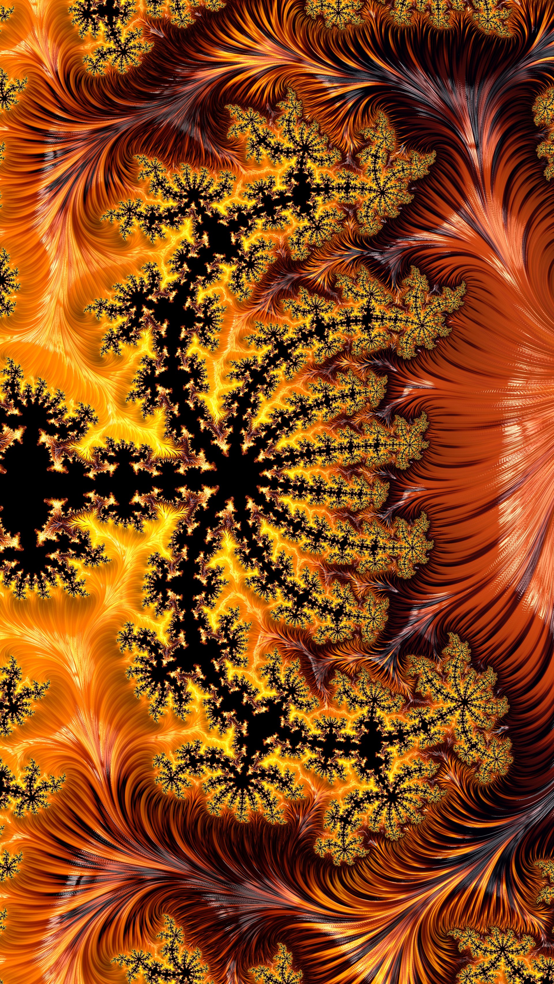 Psychedelic trippy hippie fractal iPhone wallpaper with colorful, swirling orange and black lace-like abstract patterns.