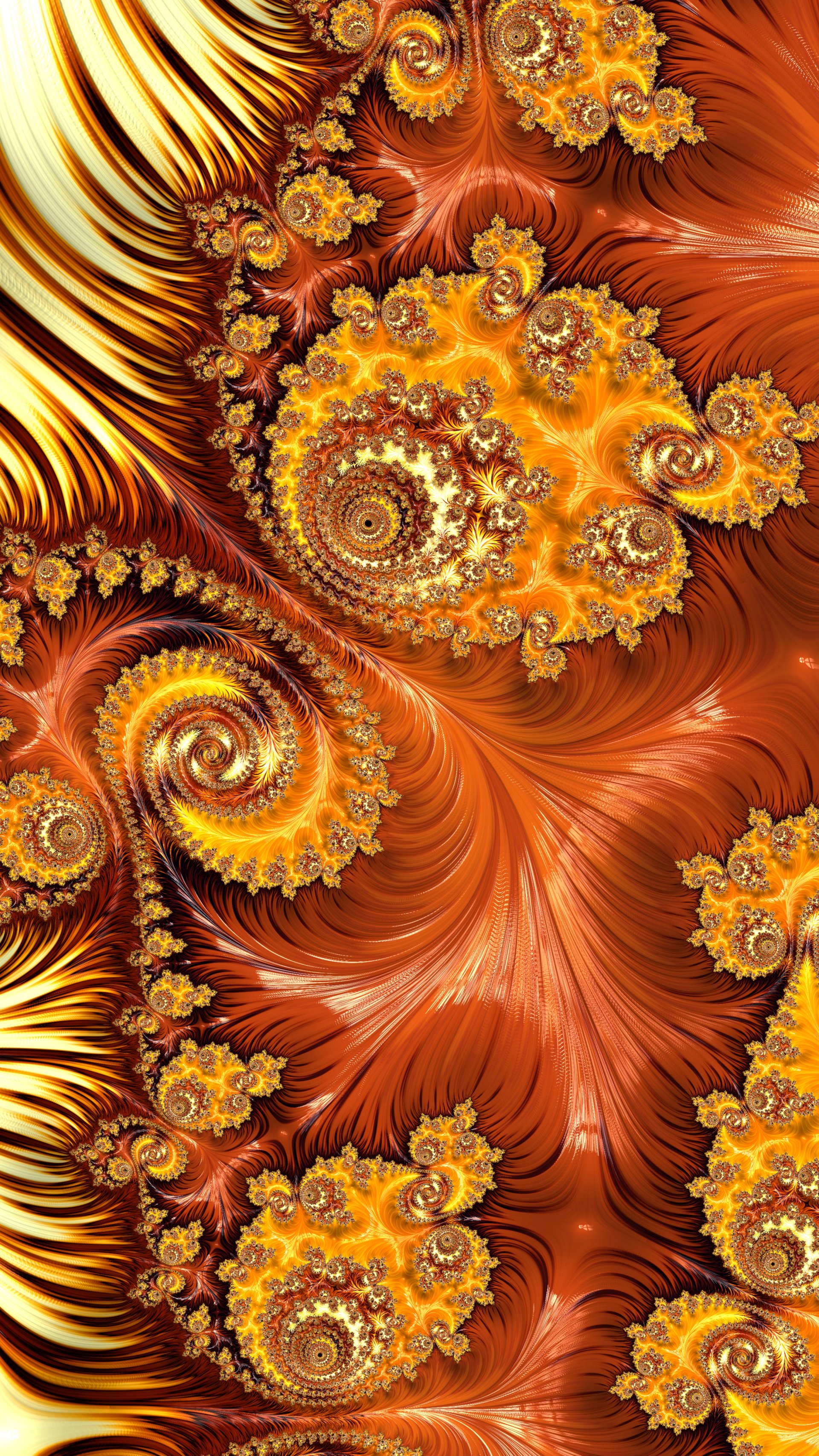 Vivid psychedelic fractal wallpaper with swirling orange, gold, and brown patterns creating a trippy, colorful, and abstract hippie design for iPhone and Android phones.