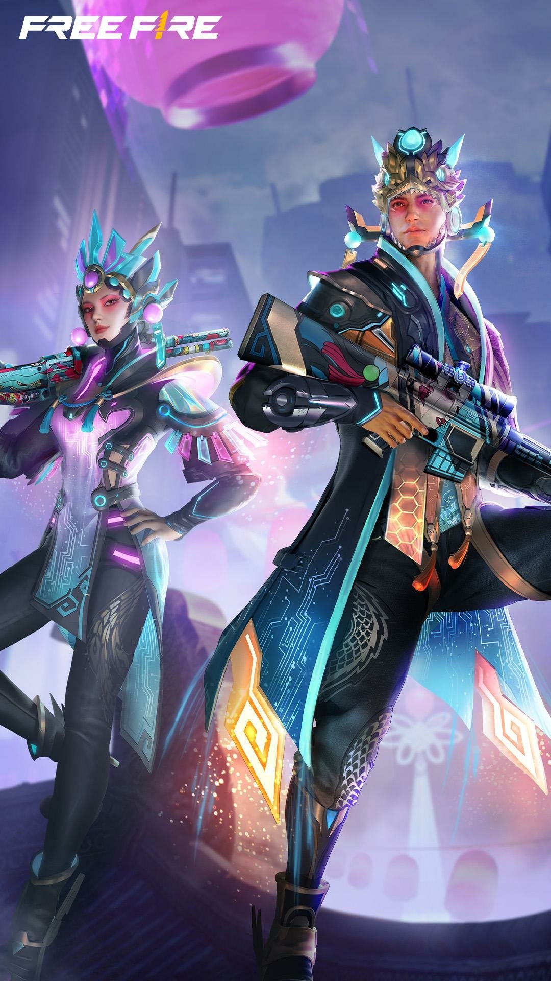 Vibrant phone wallpaper from the video game Garena Free Fire, featuring two dynamic characters in futuristic outfits, equipped with weapons against a colorful, sci-fi background.