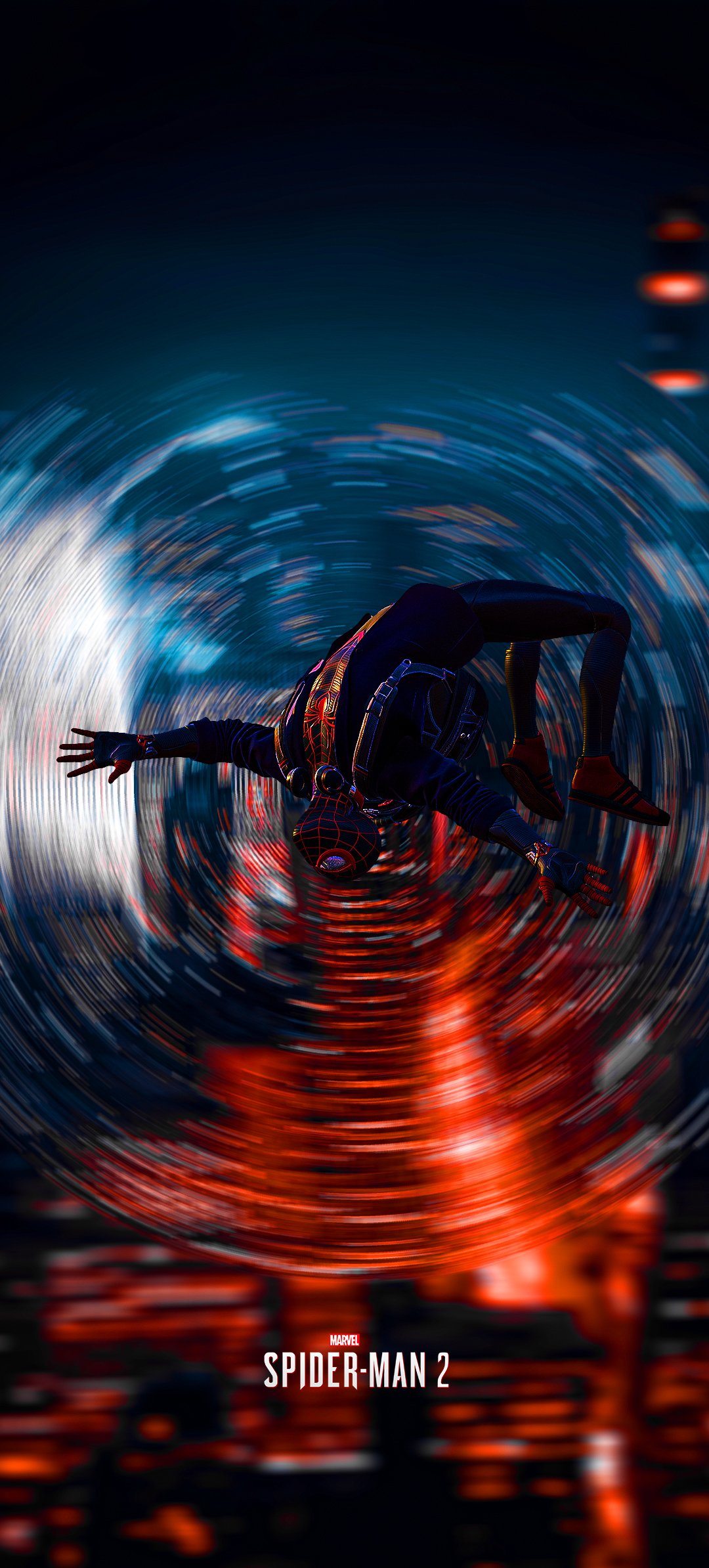 Phone wallpaper featuring Spider-Man from Marvel's Spider-Man: Miles Morales and Marvel's Spider-Man 2, captured mid-action with dynamic, swirling city lights.
