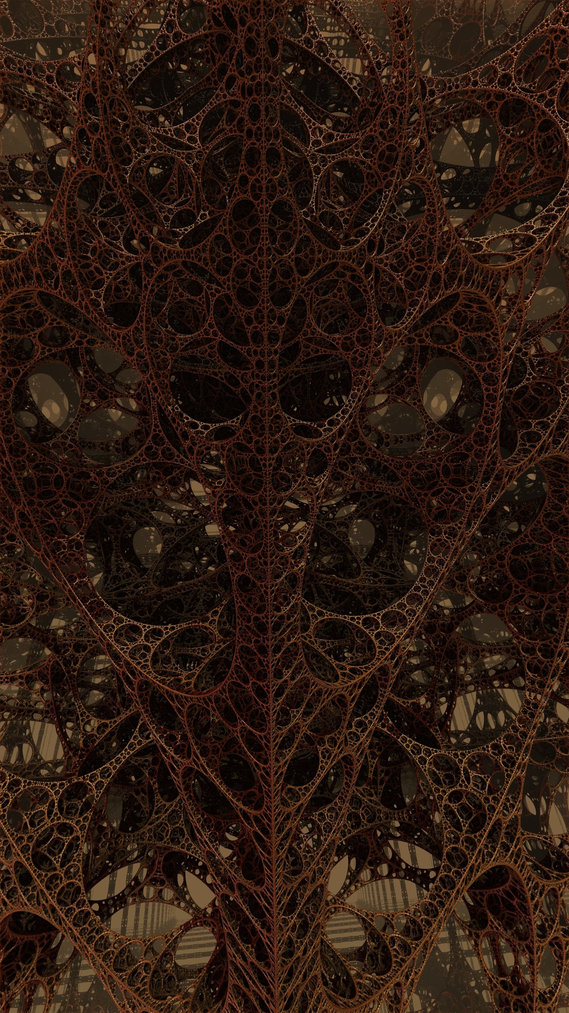 Dark, psychedelic 3D fractal with intricate, trippy abstract patterns in deep brown tones, designed as a CGI phone wallpaper for iPhone and Android devices.