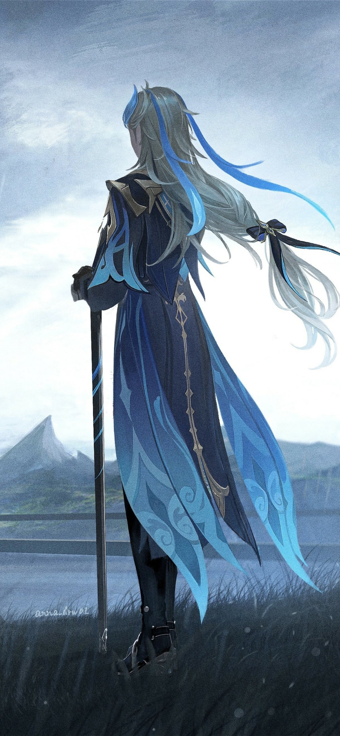 Genshin Impact phone wallpaper: a lone character seen from behind, long silver-blue hair and flowing blue cloak, holding a sword while overlooking a misty lake and distant mountains.