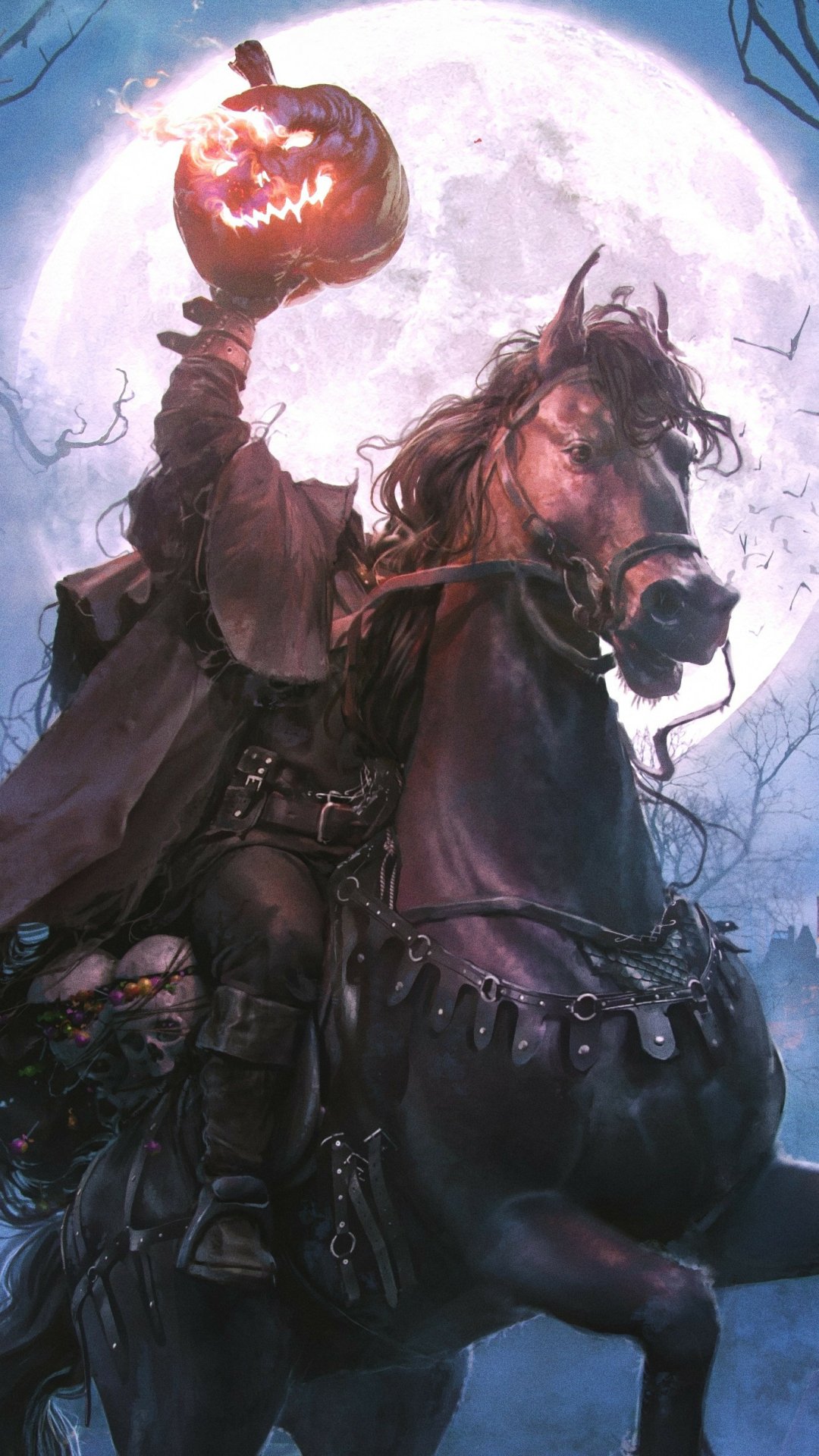 Halloween-themed phone wallpaper showing the Headless Horseman holding a glowing jack-o’-lantern against a full moon backdrop, designed for iPhones and Android devices.