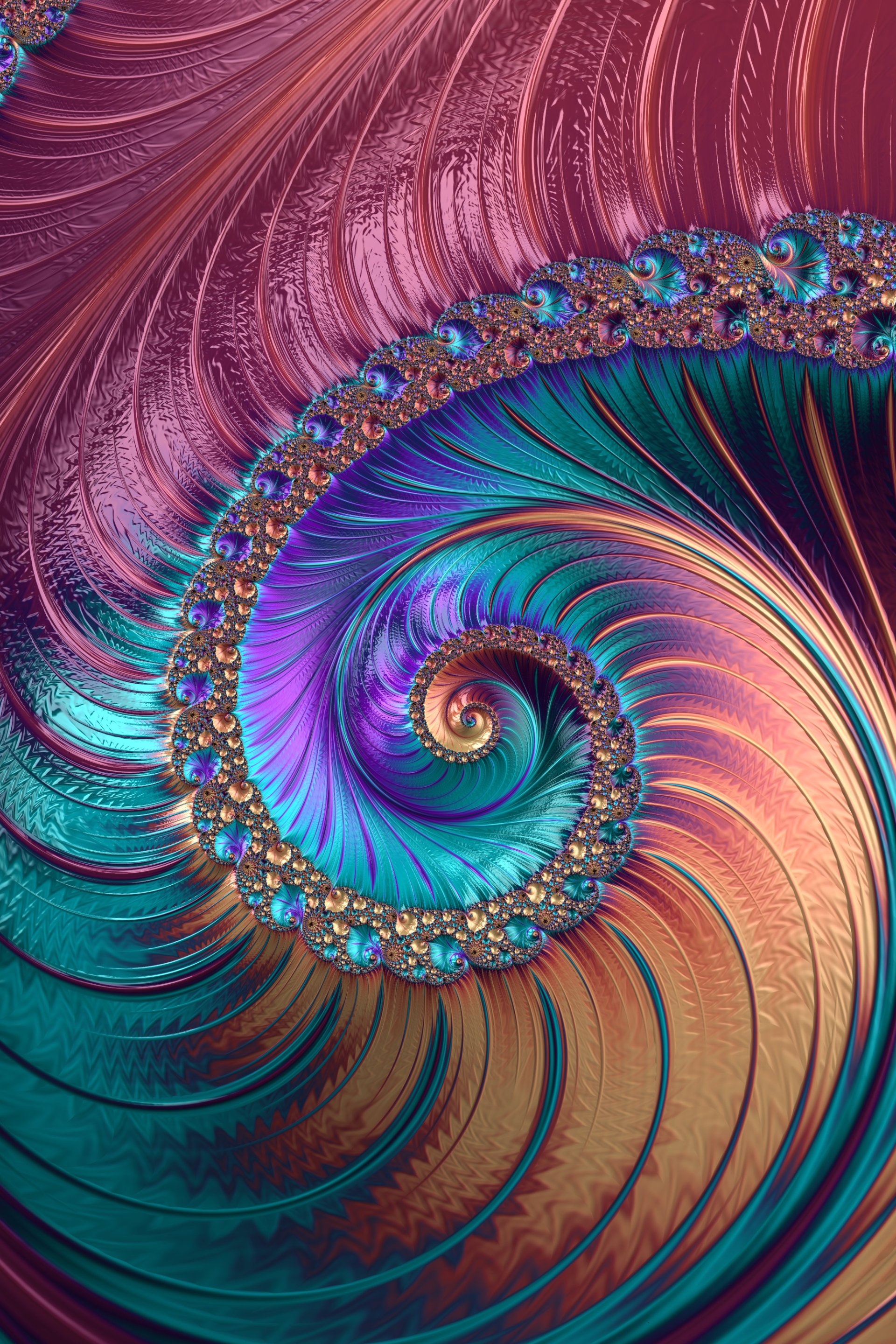 Vibrant psychedelic fractal spiral with trance-inspired digital patterns in rich purples, blues, and golds, designed as a dynamic abstract wallpaper for iPhone and Android phones.