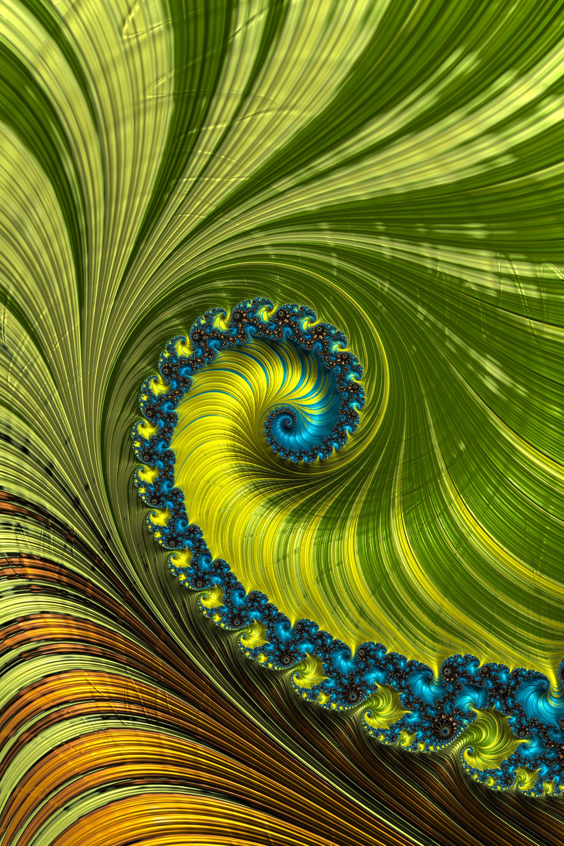 Vibrant psychedelic fractal spiral with green, yellow, and blue hues in a digital trance-inspired abstract design for phone wallpaper on iPhones and Androids.
