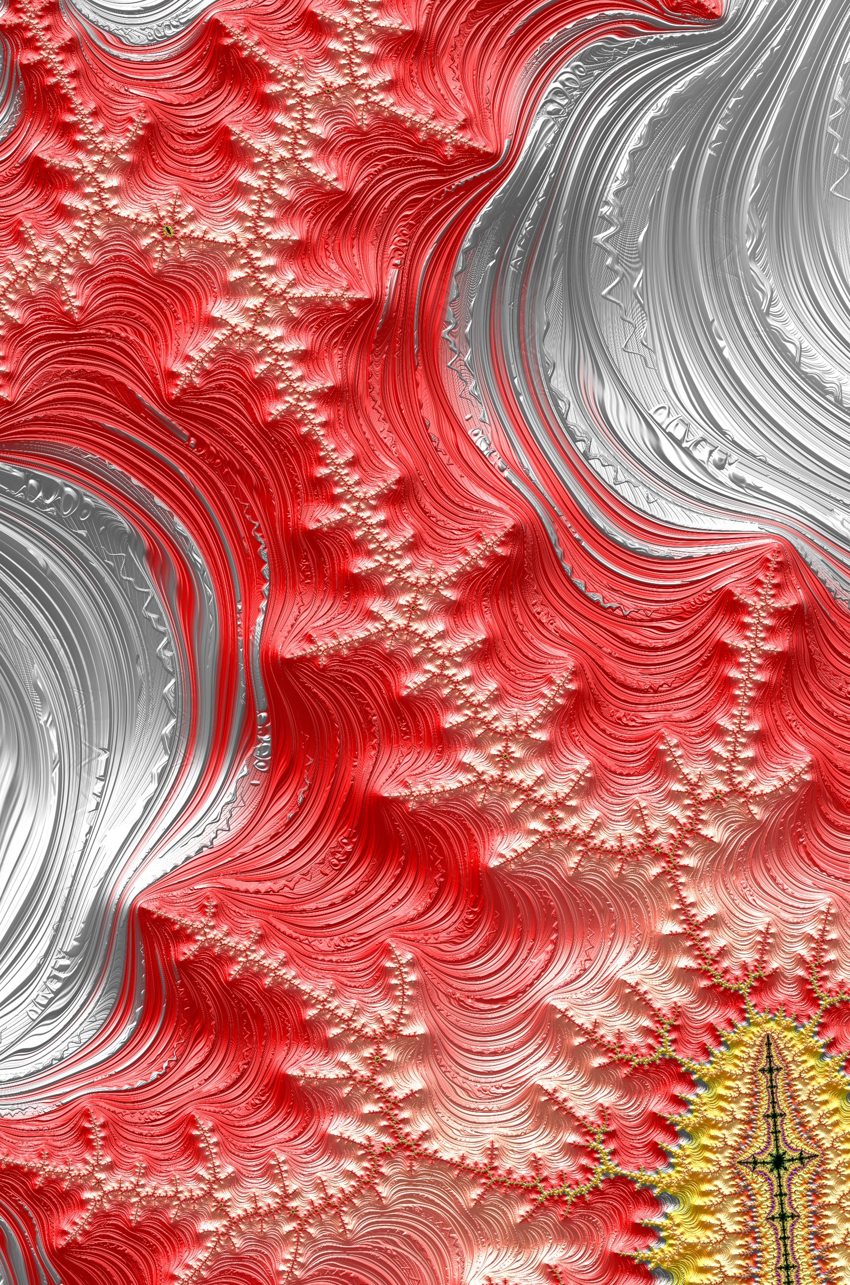 Abstract digital fractal wallpaper with vibrant red, silver, and yellow tones, featuring a psychedelic, trance-inspired Frax design for iPhone and Android screens.