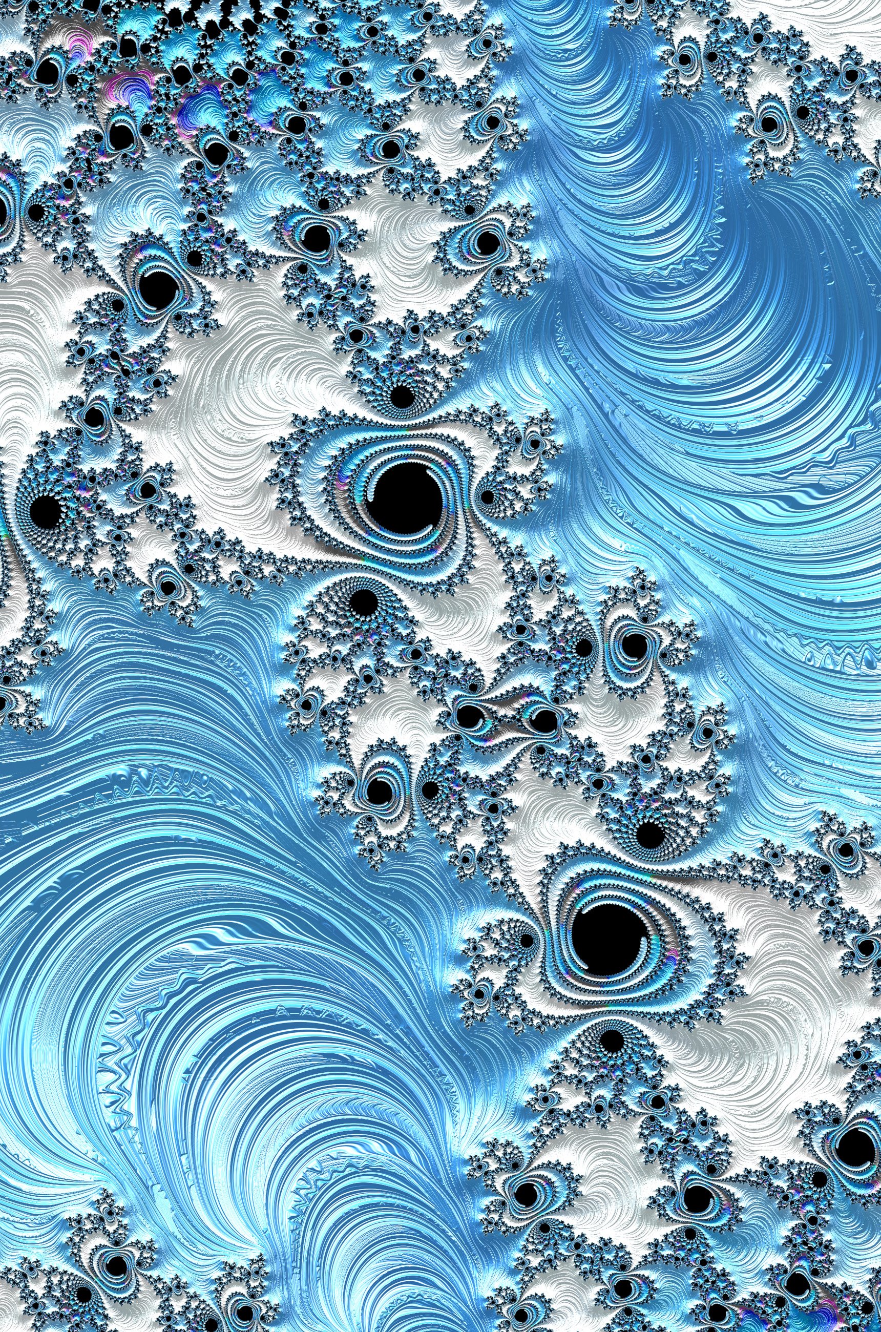 Digital fractal abstract with swirling blue and white psychedelic patterns, featuring intricate trance-inspired designs for vibrant phone wallpaper on iPhones and Android devices.