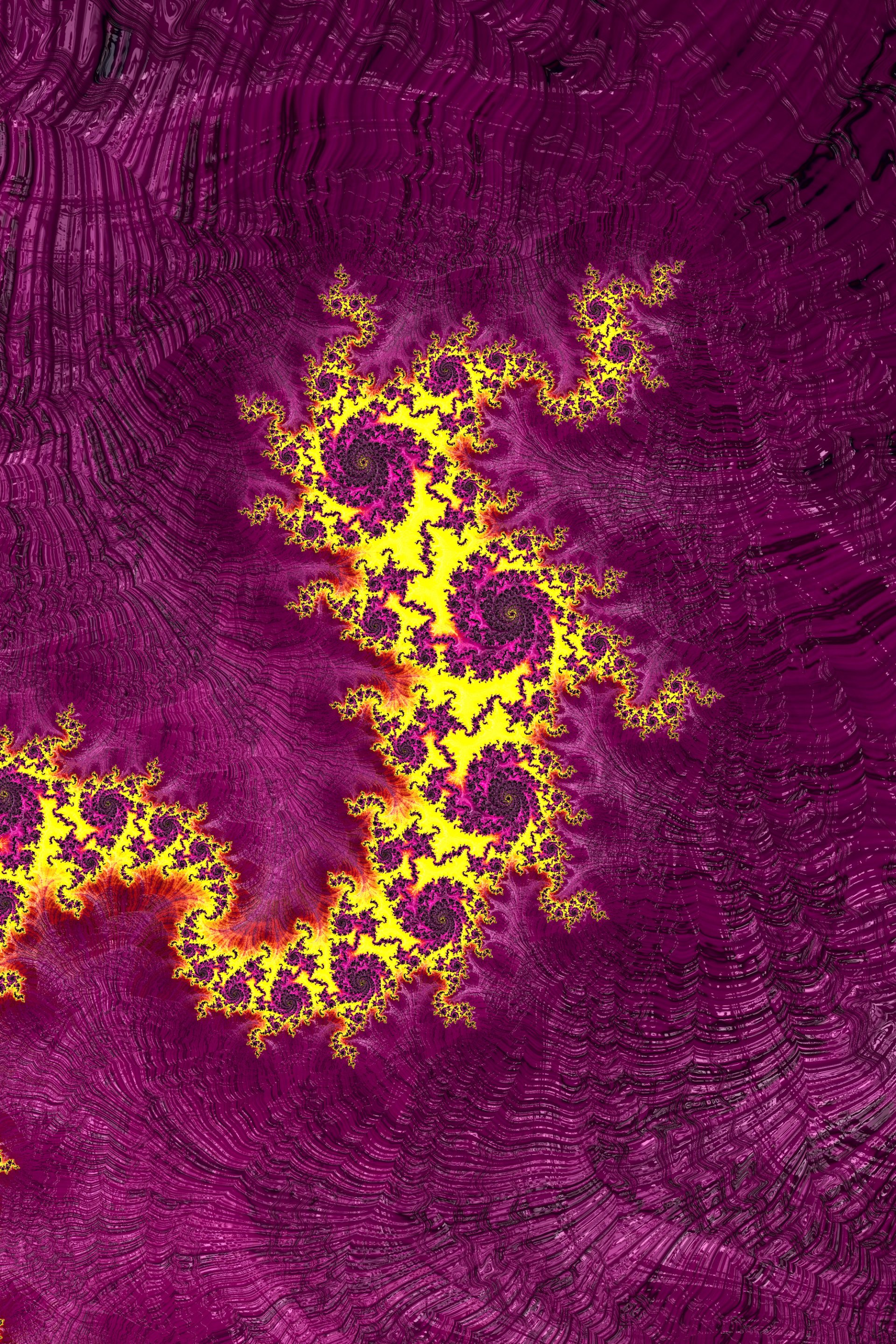 Vibrant psychedelic fractal with bright yellow and deep magenta spirals forming a trippy, abstract digital artwork designed as a trance-inspired phone wallpaper for iPhones and Android devices.