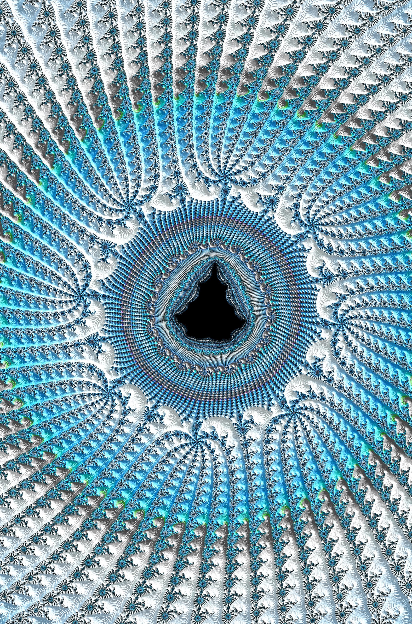 Trance trippy psychedelic Frax fractal abstract digital phone wallpaper: spiraling blue-white vortex of feathered fractal arms converging on a dark central void.
