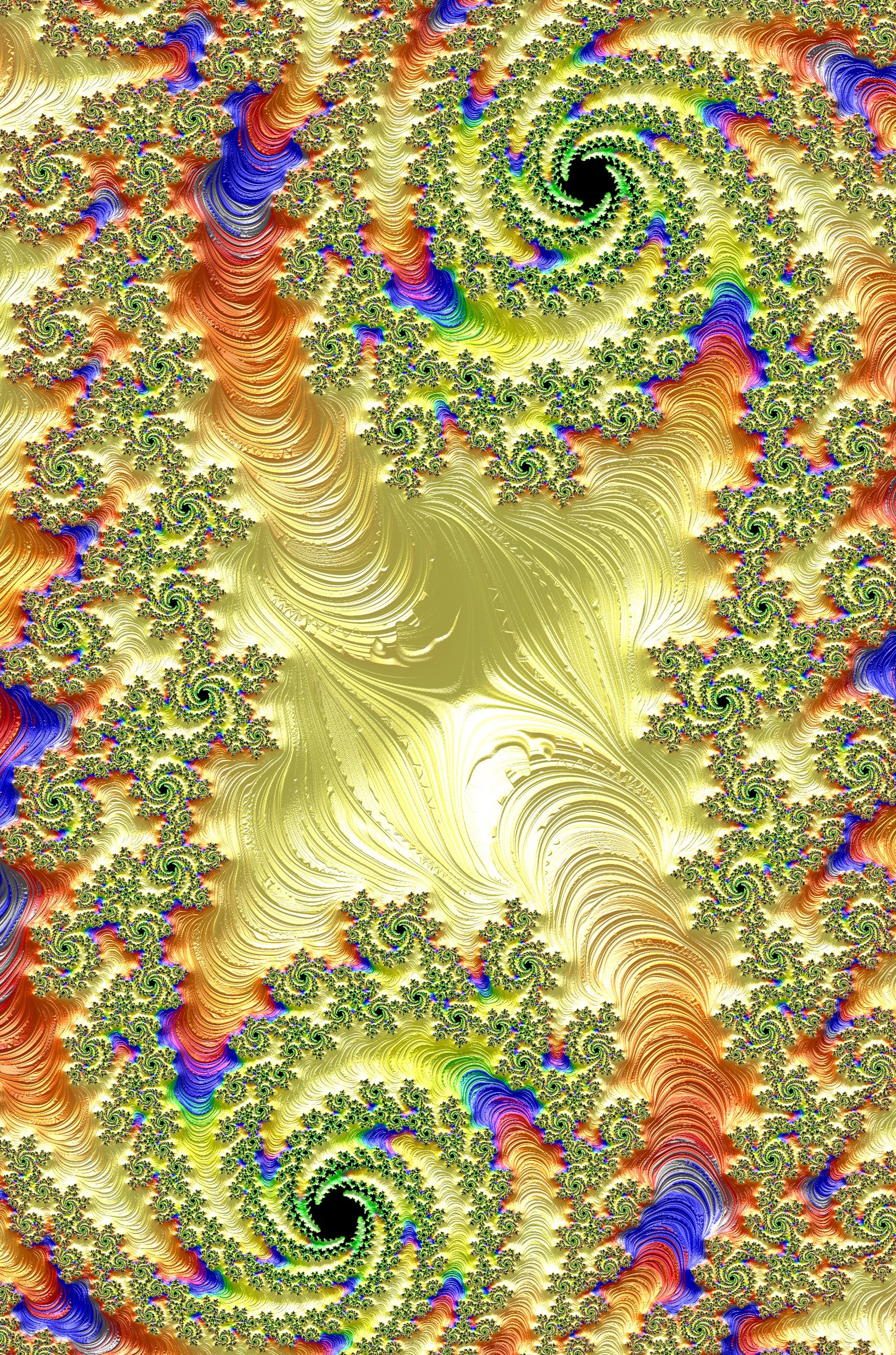 Vibrant psychedelic fractal artwork in bright gold, red, blue, and green tones, creating a trance-like, trippy digital abstract pattern by Frax for phone wallpaper.