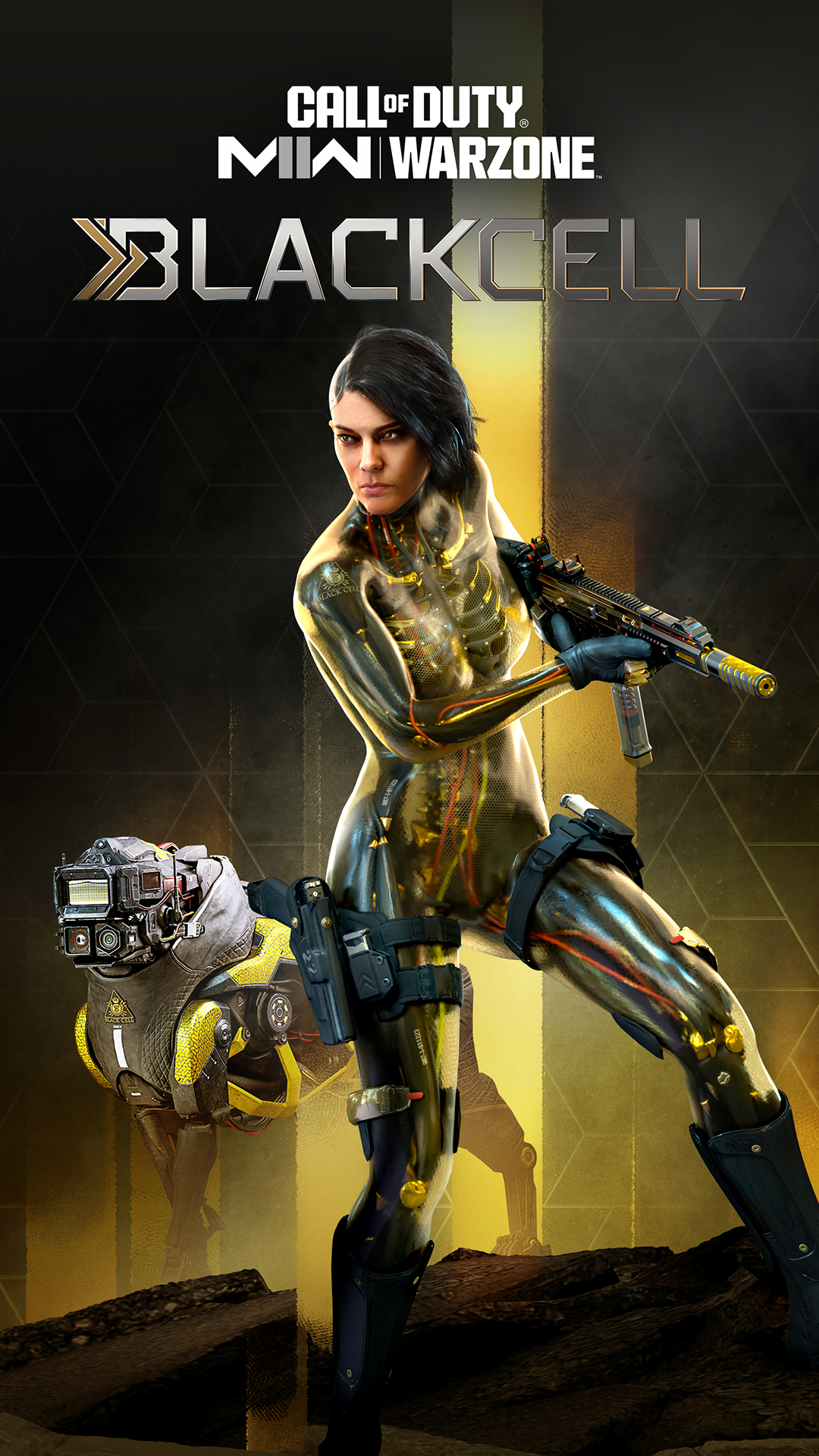 Call of Duty: Warzone 2.0 Black Cell theme mobile wallpaper featuring a female soldier in futuristic armor.