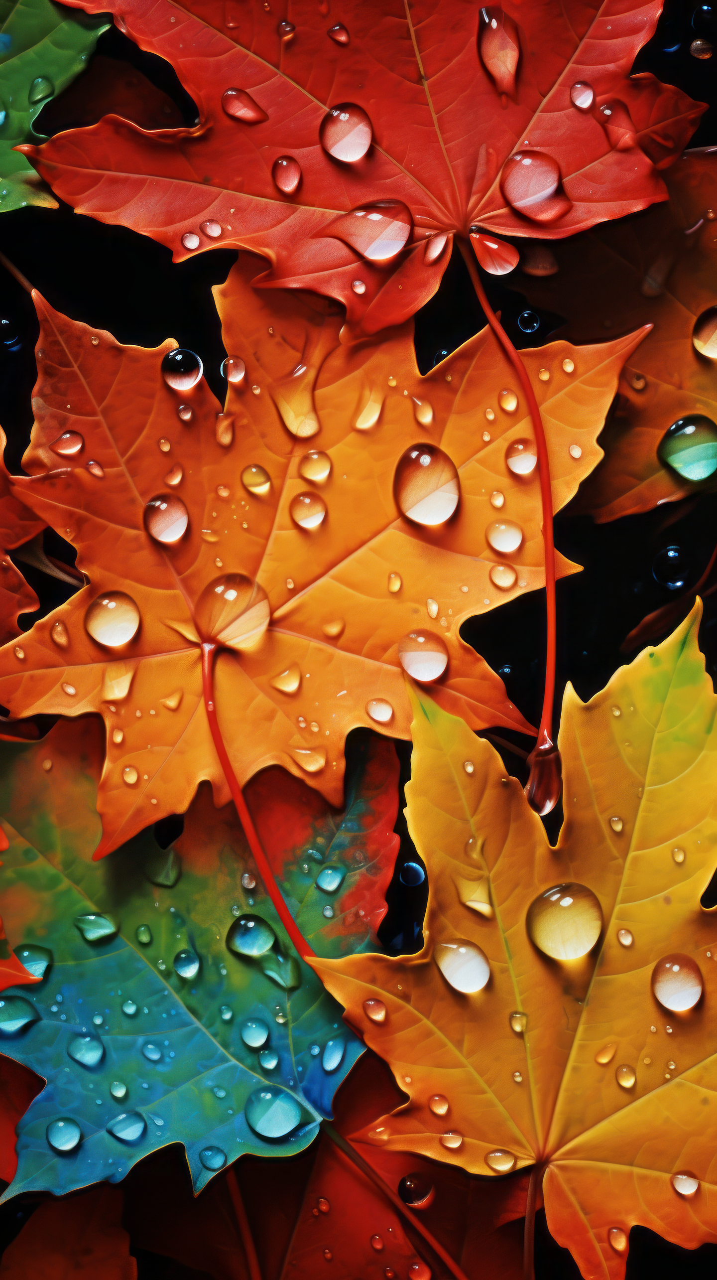 A vibrant display of autumn leaves in shades of orange and green, adorned with water droplets, capturing the essence of fall in a nature-inspired phone wallpaper.