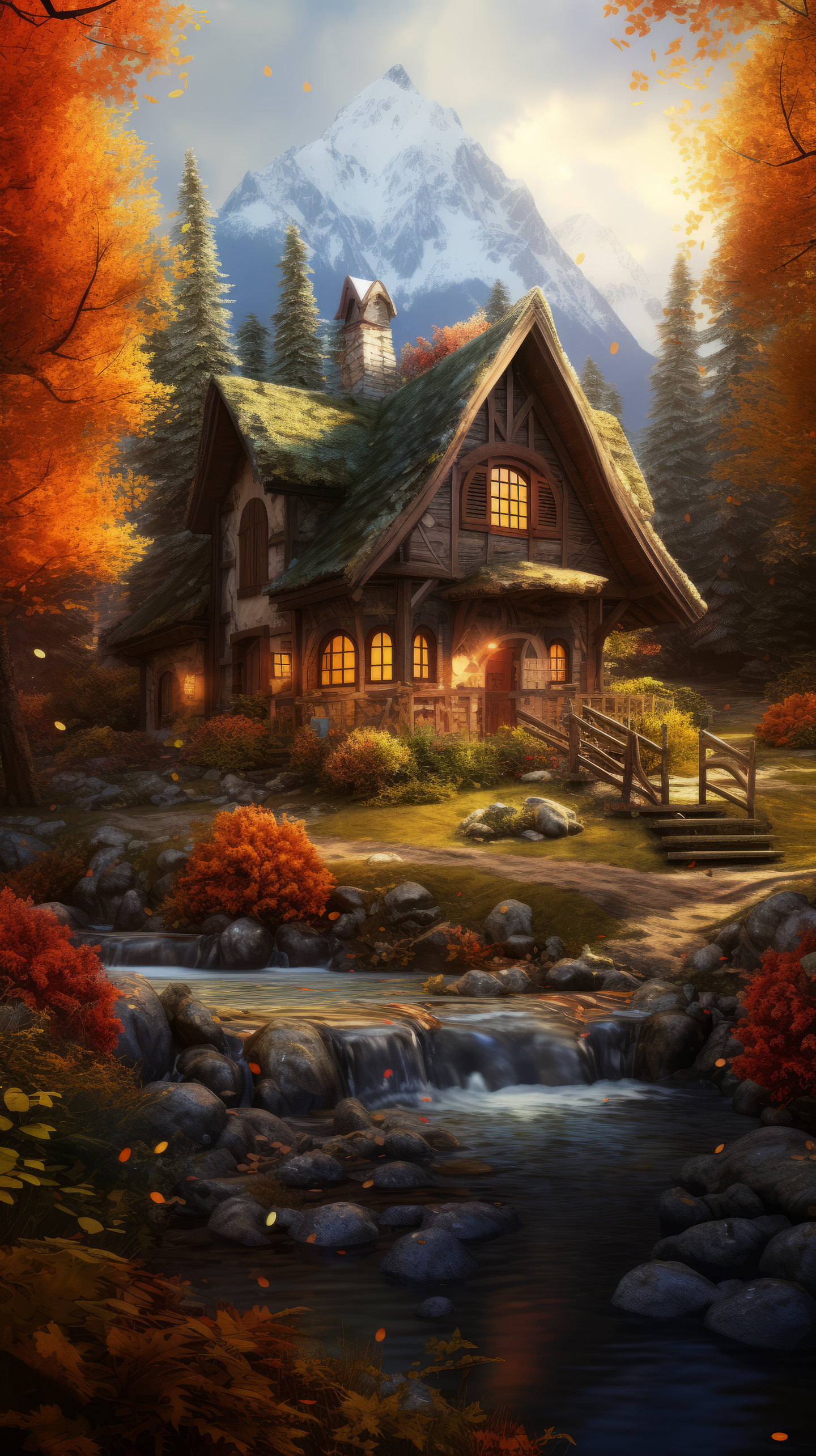 A cozy cabin nestled in a vibrant fall forest, surrounded by golden leaves and a gently flowing stream, framed by majestic mountains—an enchanting nature landscape.