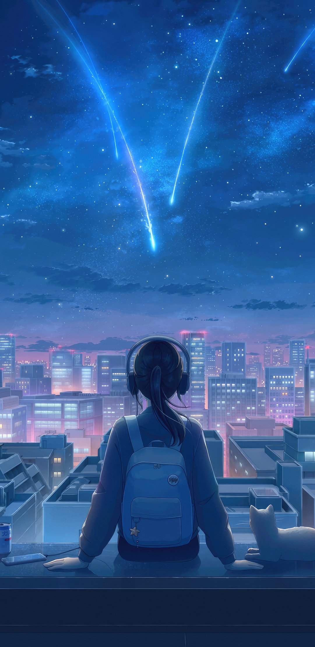 Anime landscape phone wallpaper showing a girl with headphones and a cat on a rooftop, watching twin comets streak above a neon city skyline — designed for iPhones and Android phones.