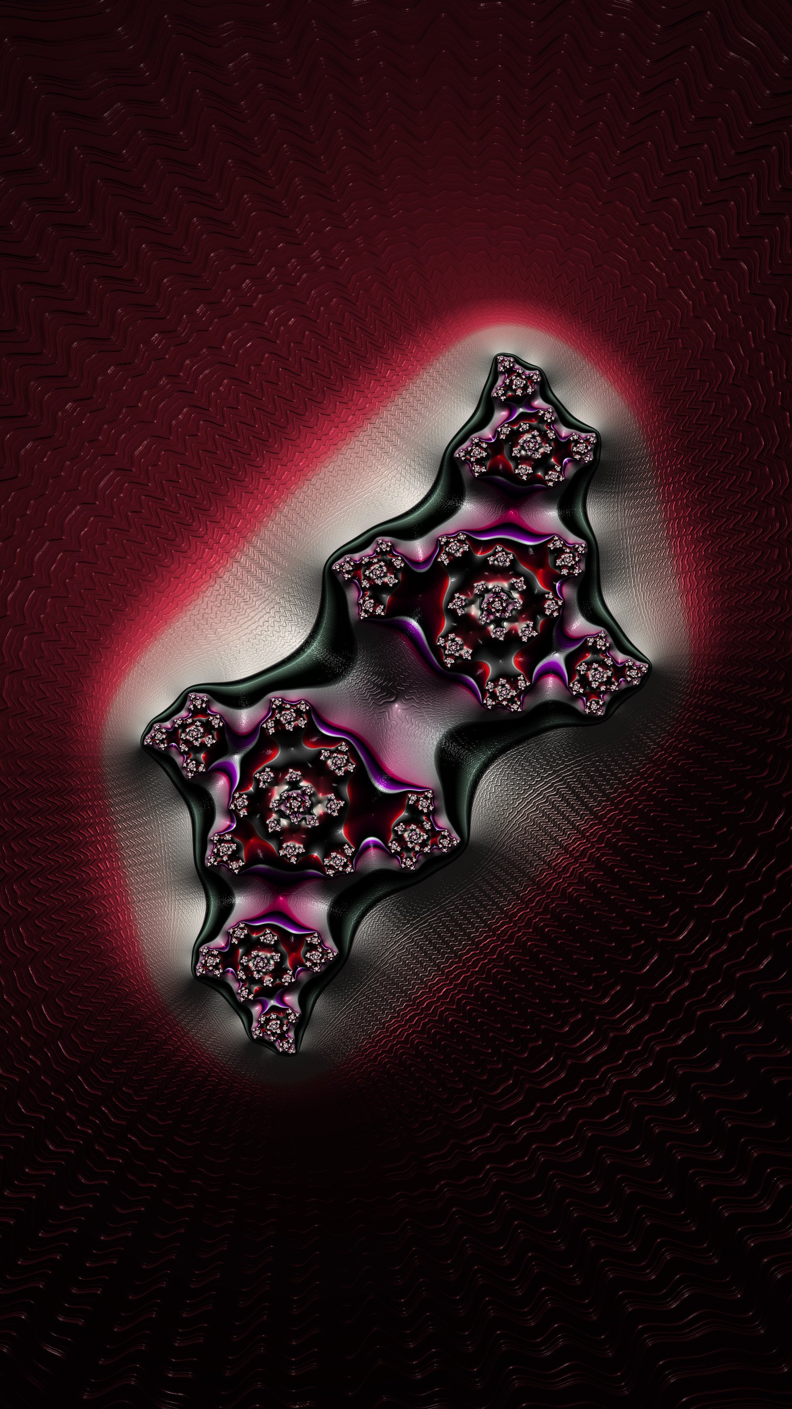 Abstract psychedelic fractal with trippy colors in deep reds and blacks, designed as a trance-inspired phone wallpaper for iPhone and Android screens.