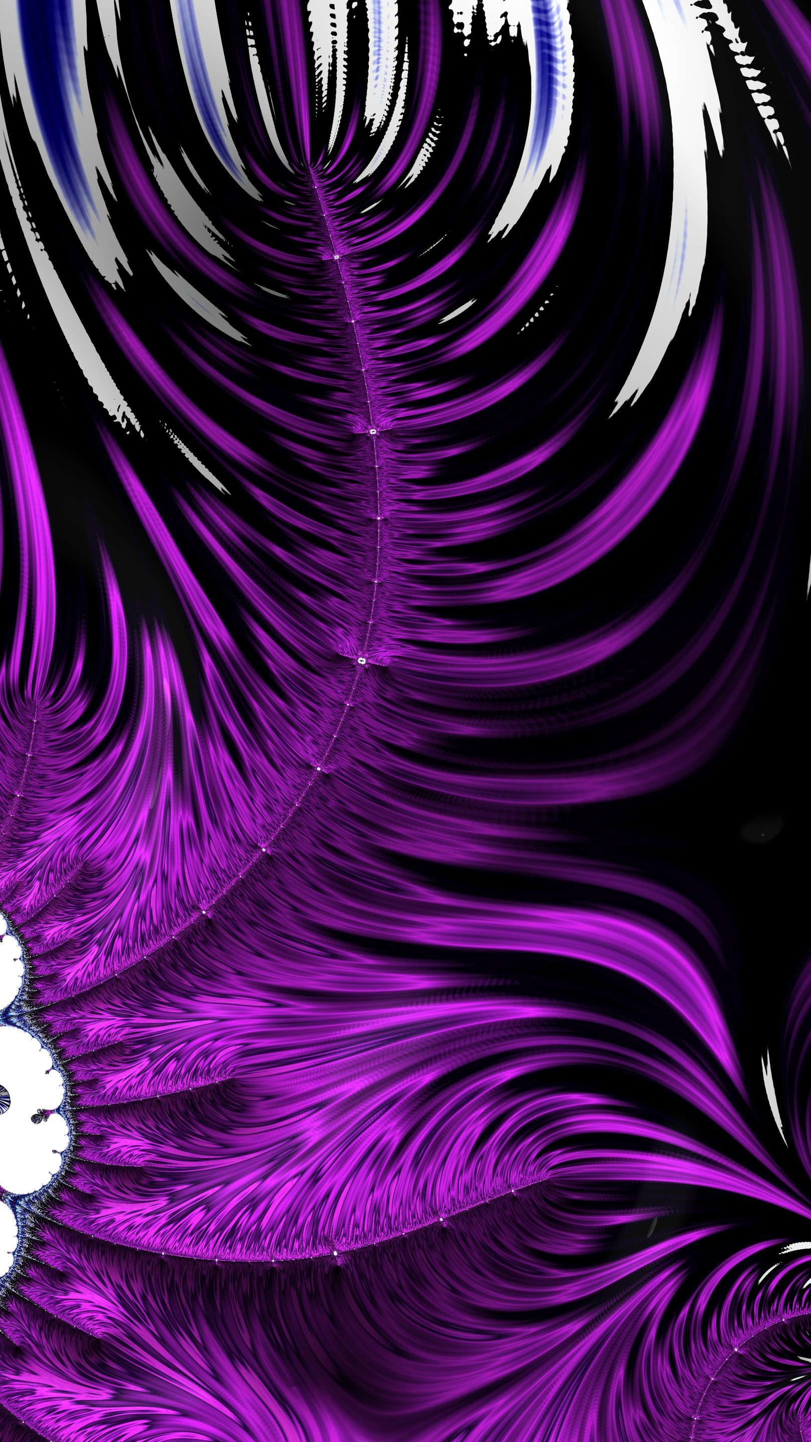 Trippy, trance-inspired psychedelic fractal abstract wallpaper: swirling purple, black and white feathered fractal waves on a vertical phone canvas.