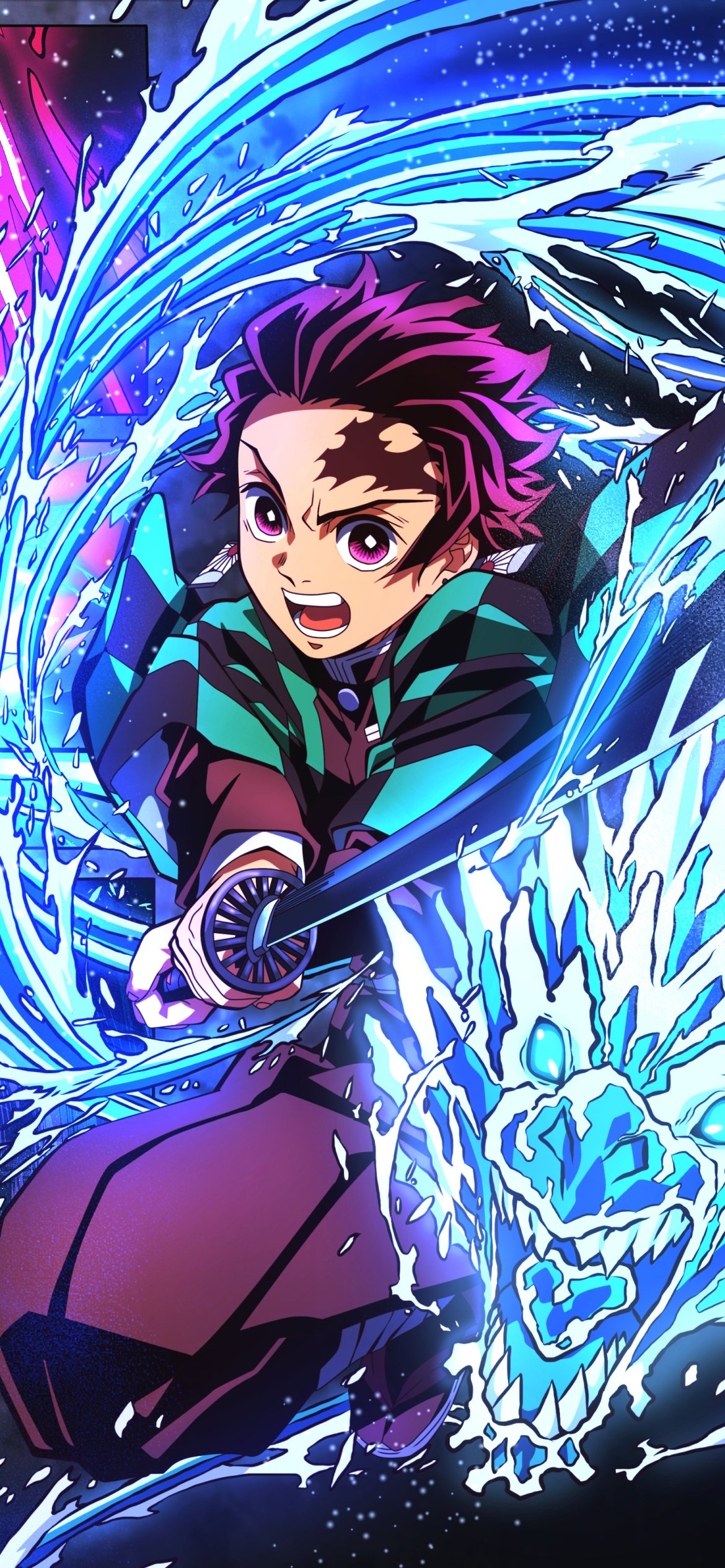 Phone wallpaper featuring Tanjiro Kamado from Demon Slayer: Kimetsu no Yaiba in dynamic action with his sword and water dragon effects, designed for iPhone and Android screens.