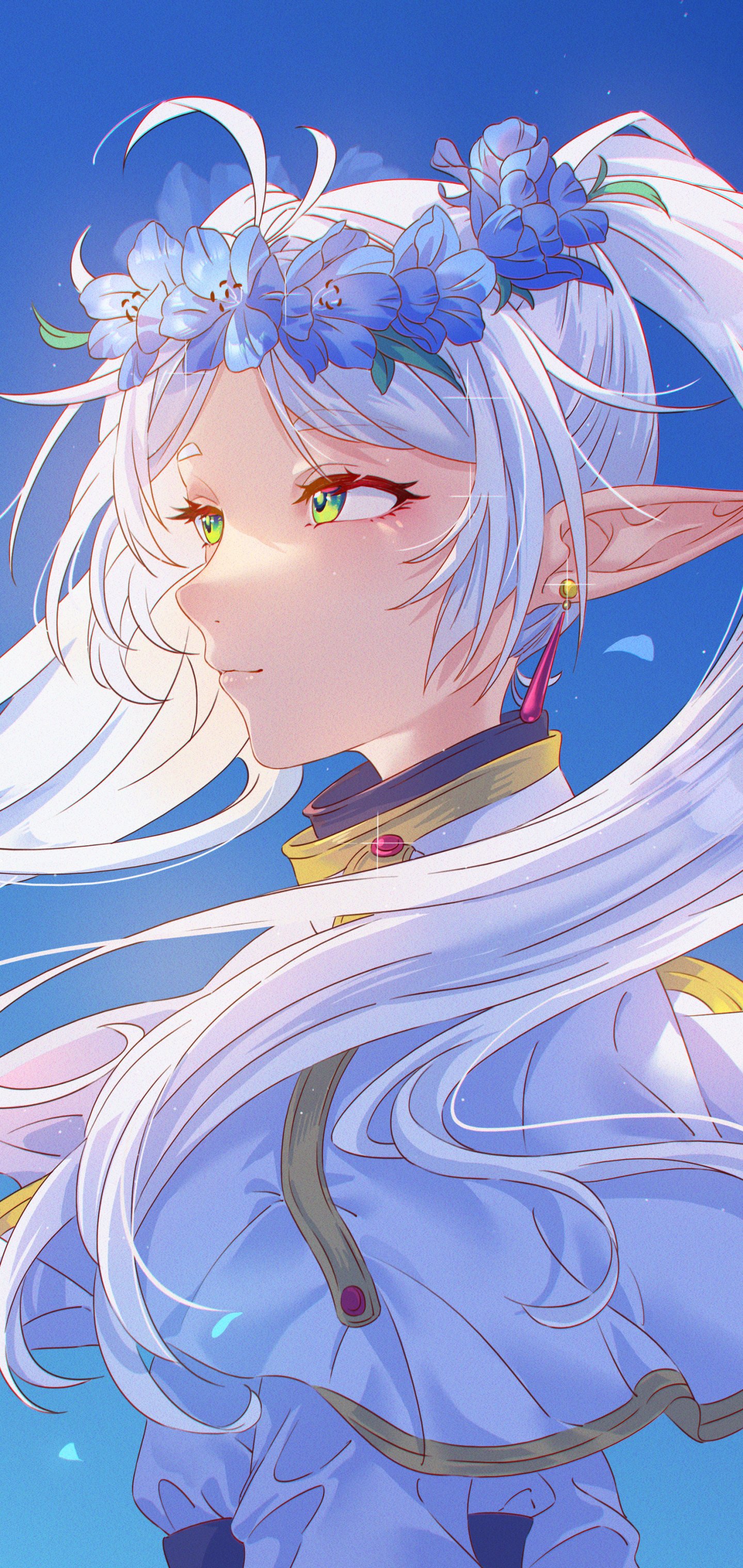 Anime-style phone wallpaper of Frieren from Frieren: Beyond Journey's End, featuring her profile with white hair, elf ears, a blue flower crown, and a serene expression against a sky background.
