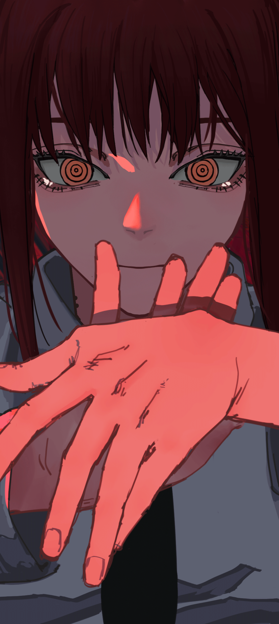 Chainsaw Man anime phone wallpaper: close-up of a female character with spiral orange eyes and a red-lit hand reaching forward, for iPhone and Android.